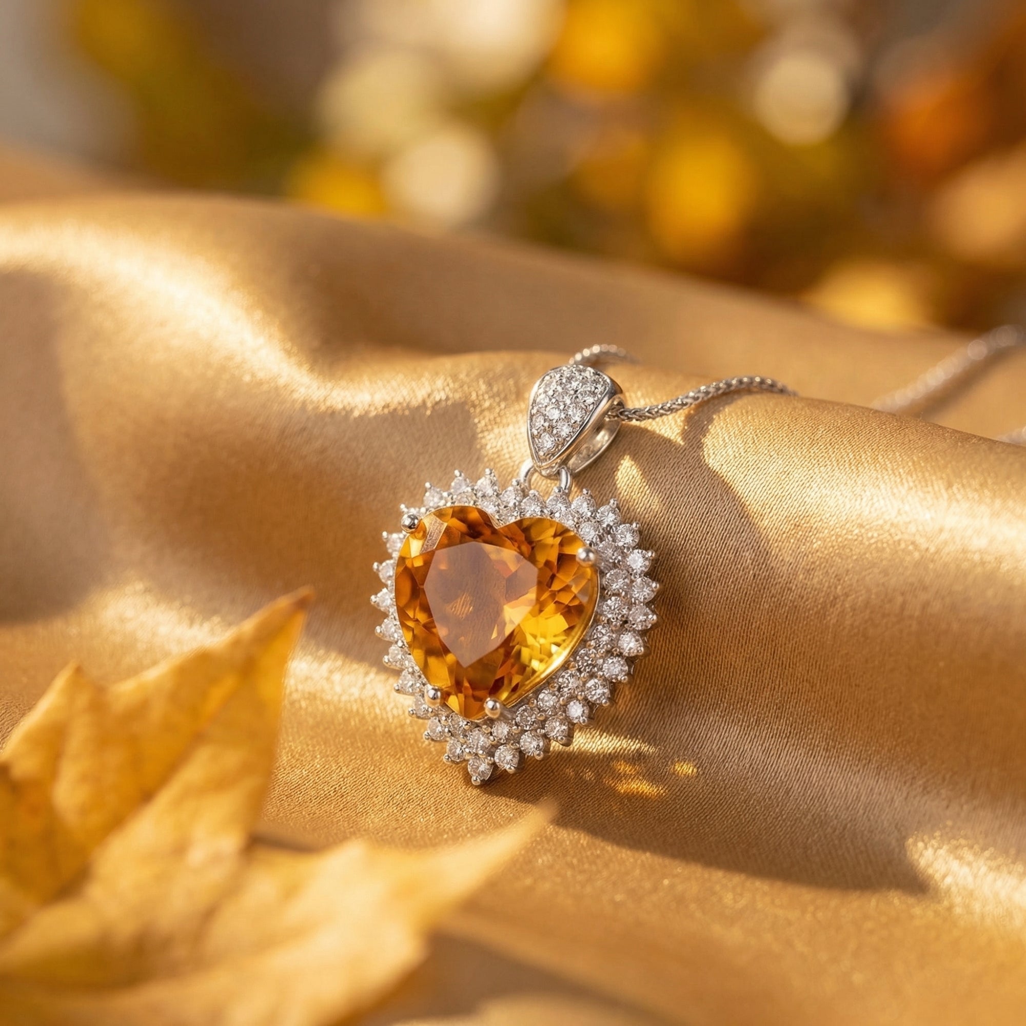 Macro view of the 12mm heart cut citrine pendant in silver with a diamond halo on golden silk fabric.