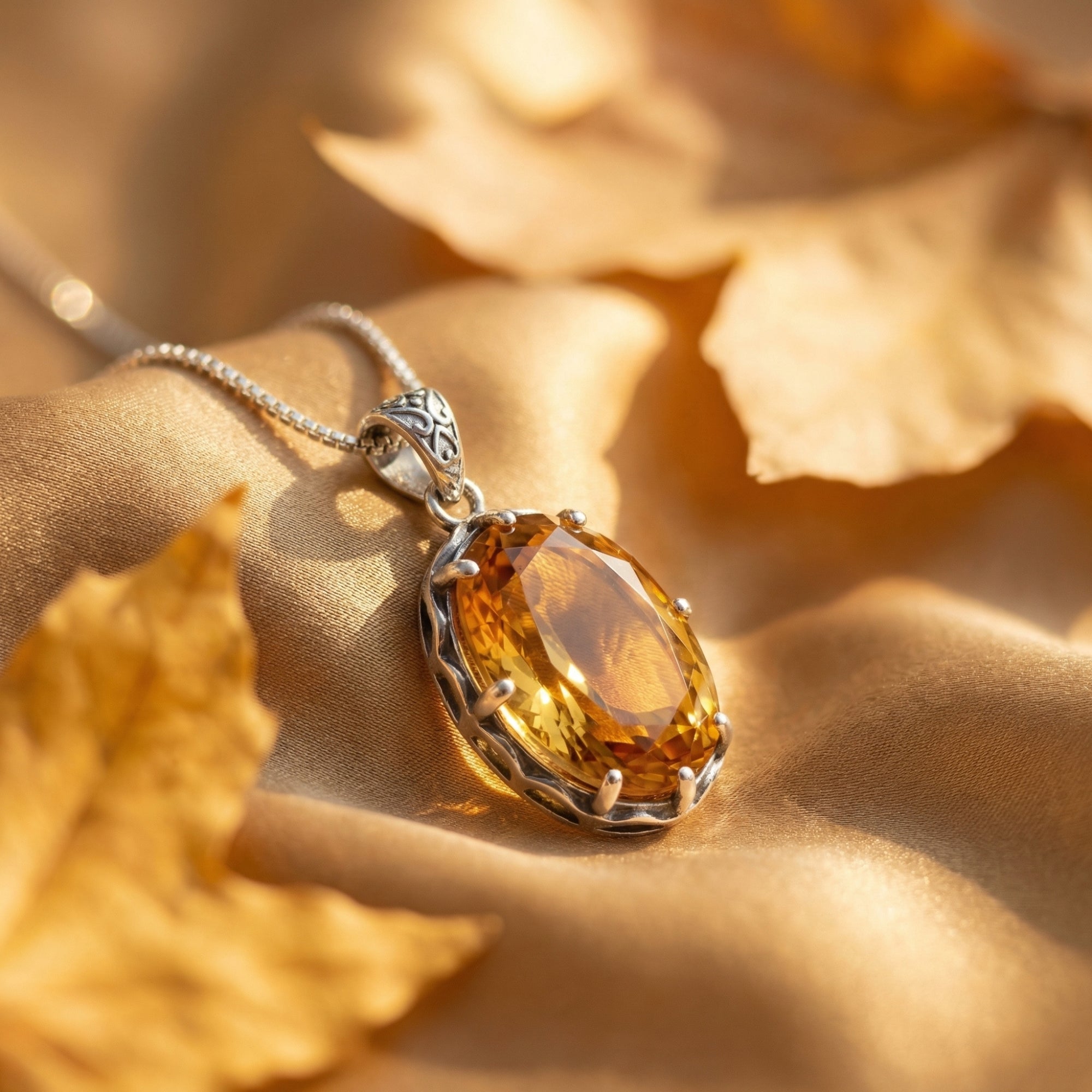 Detail view of a faceted 12x18mm oval citrine pendant in a sterling silver setting on draped fabric.