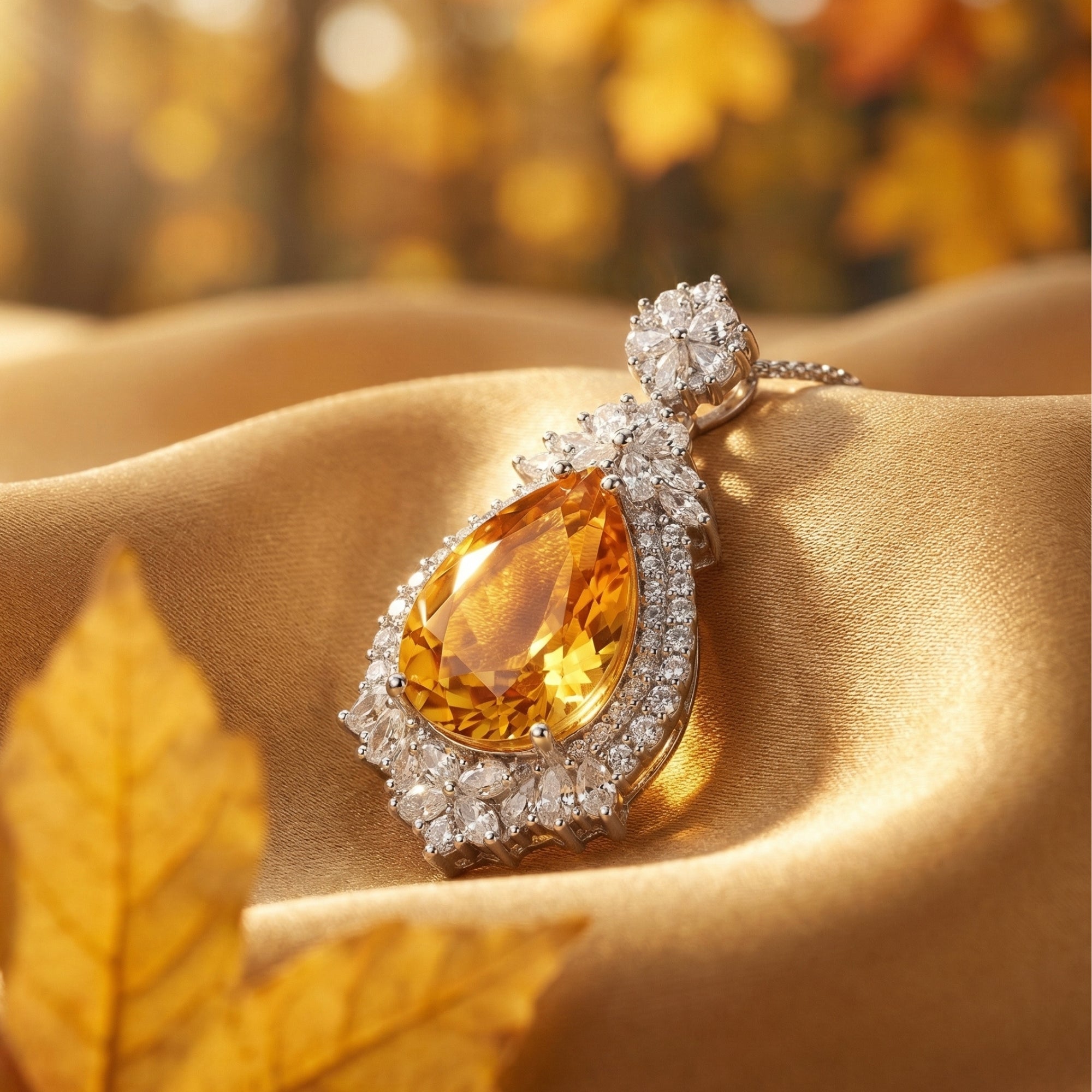 Close-up of a pear-cut natural citrine pendant in white gold, showing the faceted stone and diamond halo detail.