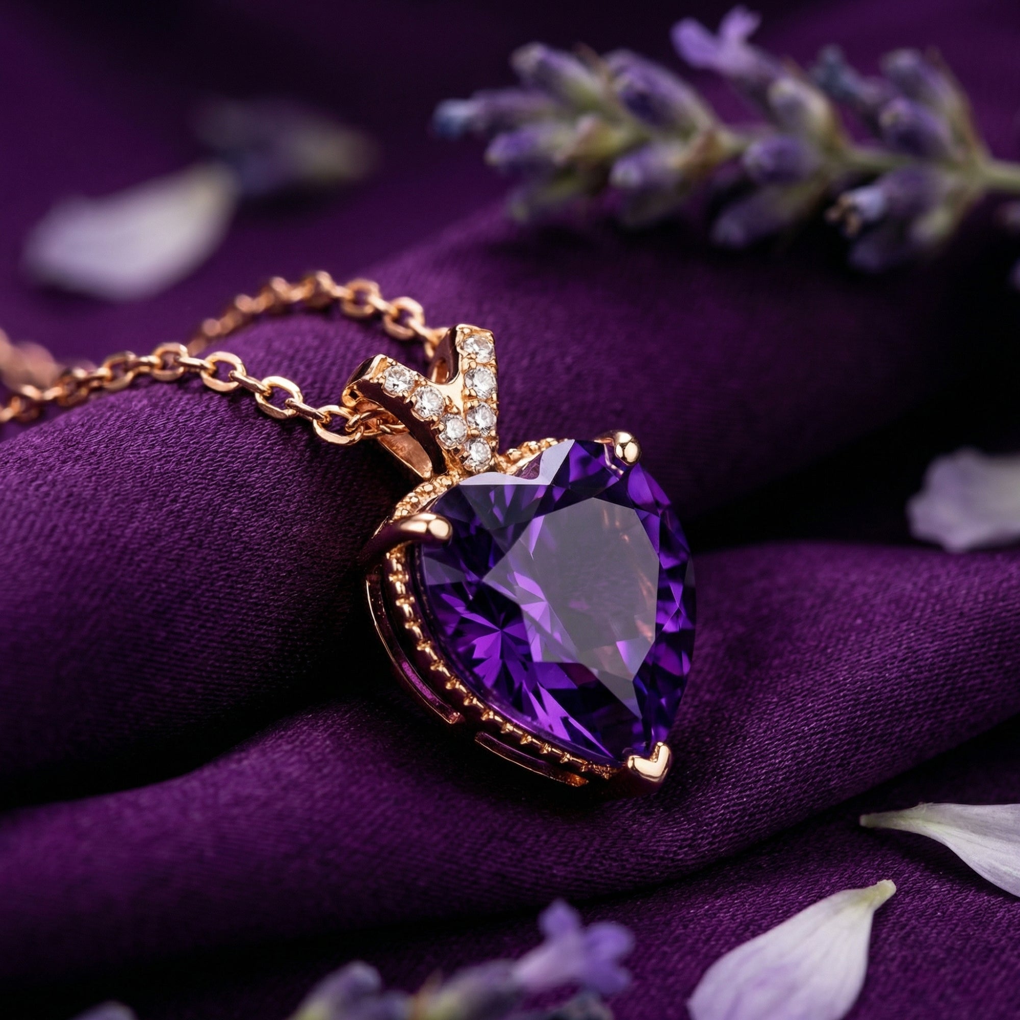 Close-up of a heart-cut natural amethyst pendant with diamond accents in 18K rose gold.