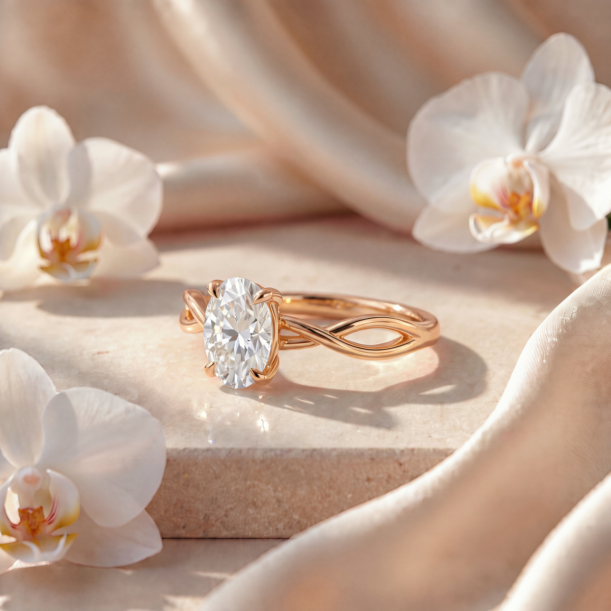 Angled side profile of a yellow gold oval moissanite solitaire ring with an intricate twisted shank.