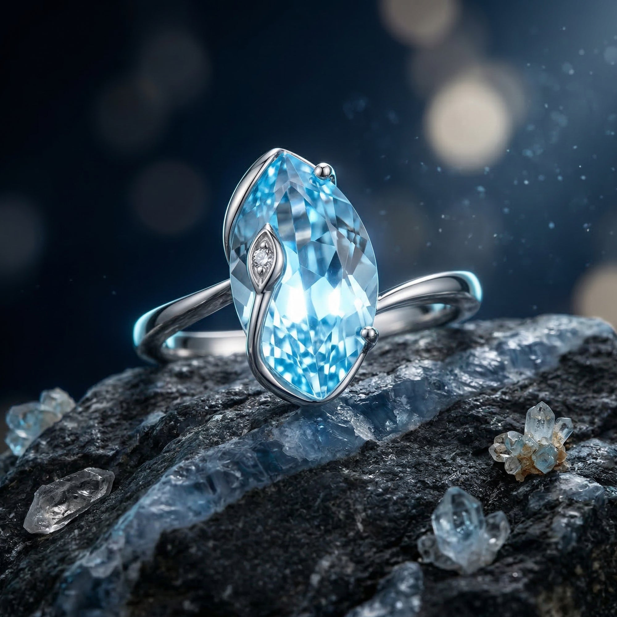 Macro shot of a marquise cut natural blue topaz gemstone in a 925 sterling silver setting.