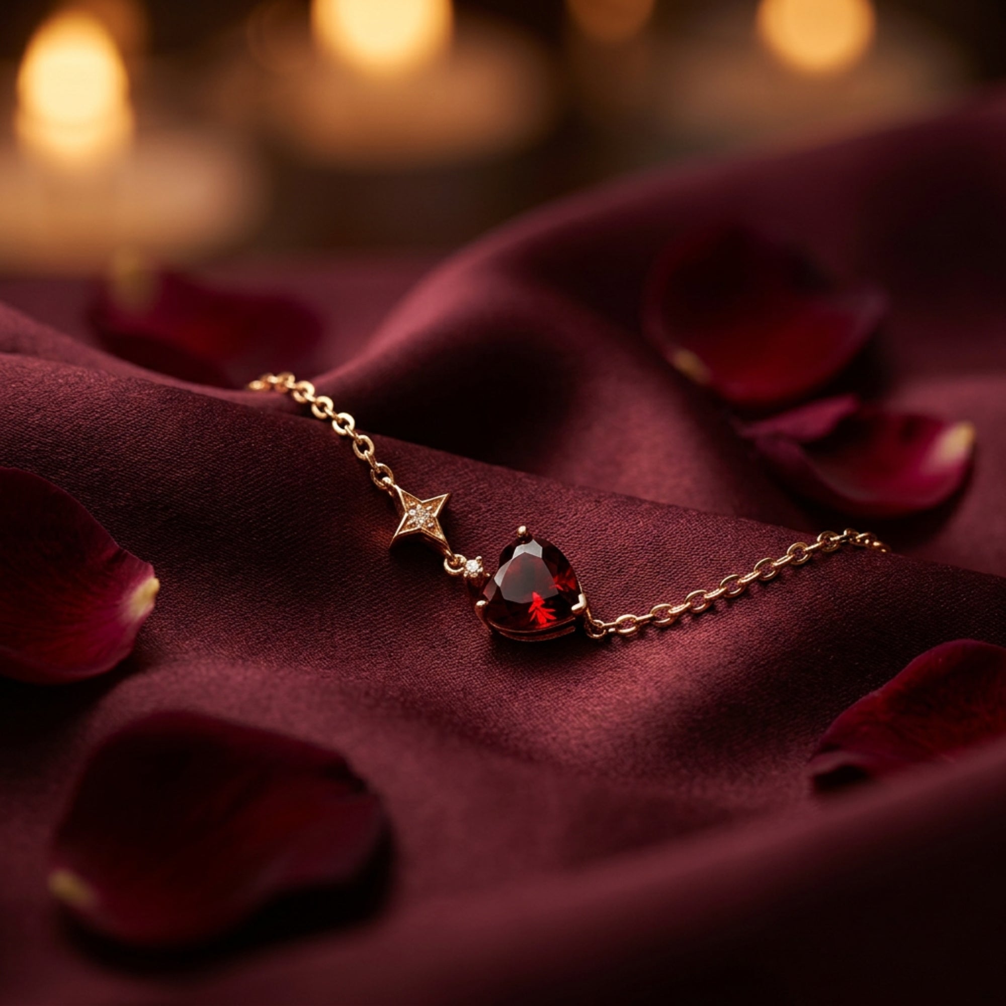 Detail shot of a heart-cut natural garnet and star charm on an 18K rose gold bracelet.