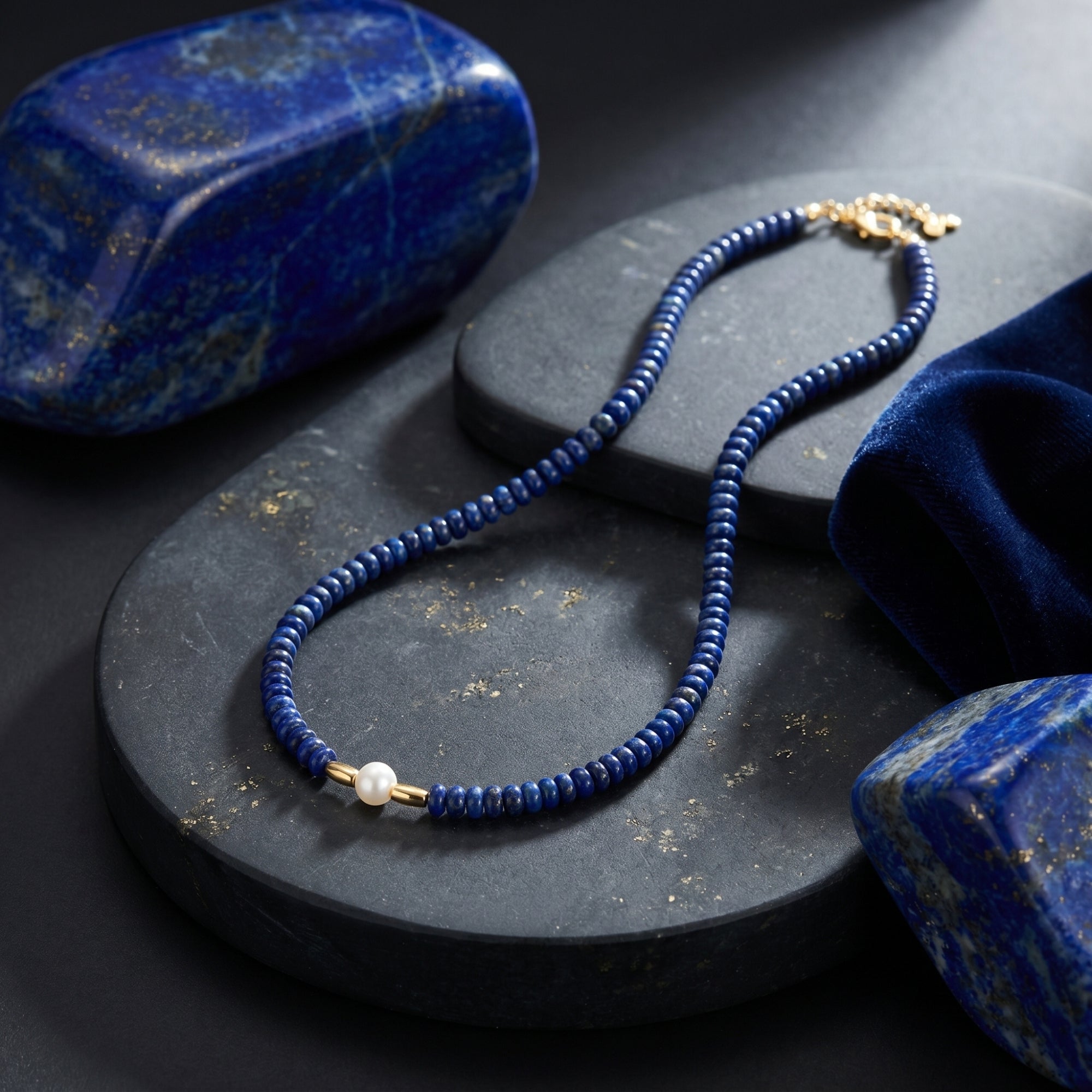 Natural lapis lazuli beaded necklace with a white pearl centerpiece displayed on dark stone coasters.