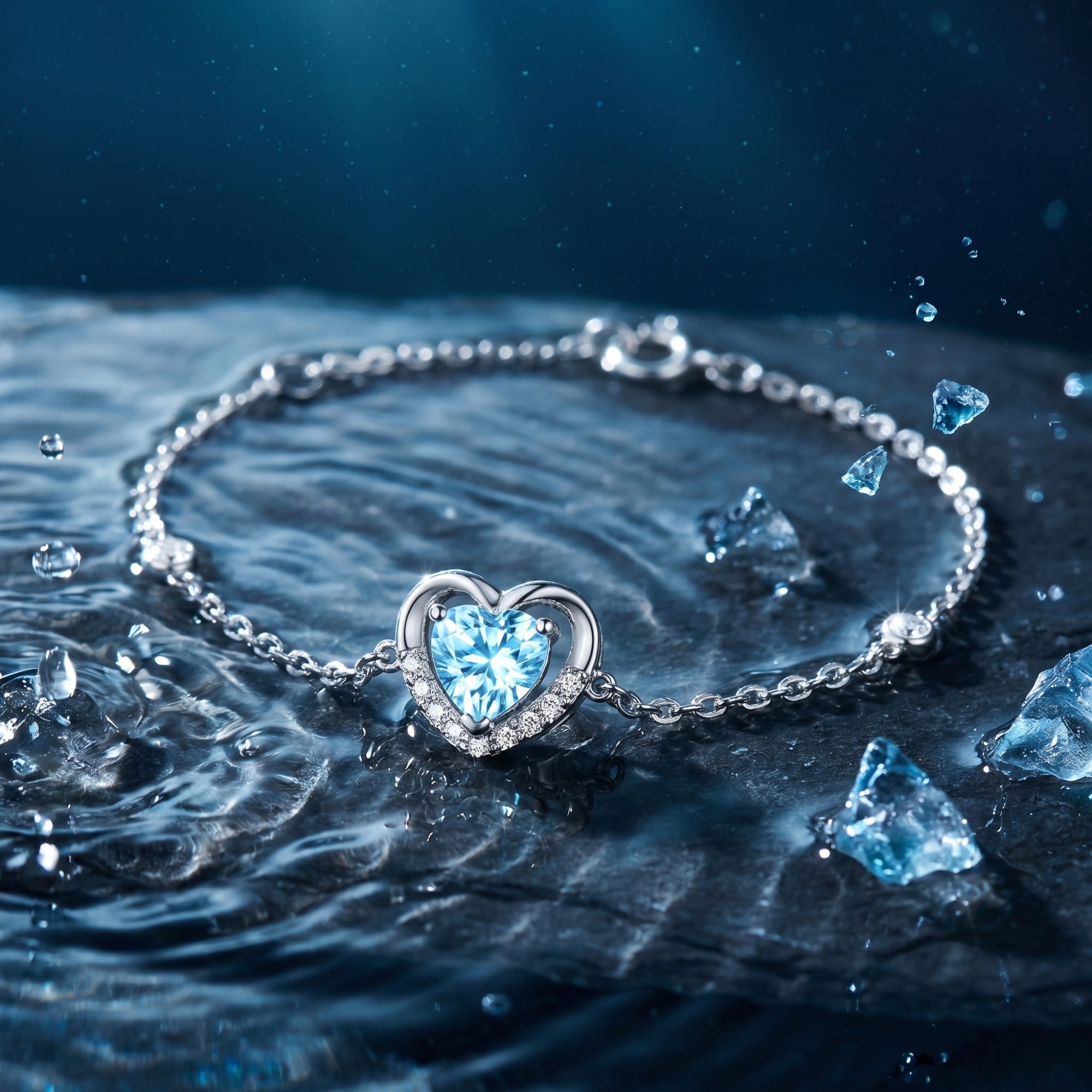 Macro view of a heart cut aquamarine center stone in a platinum halo setting on a fine link chain.