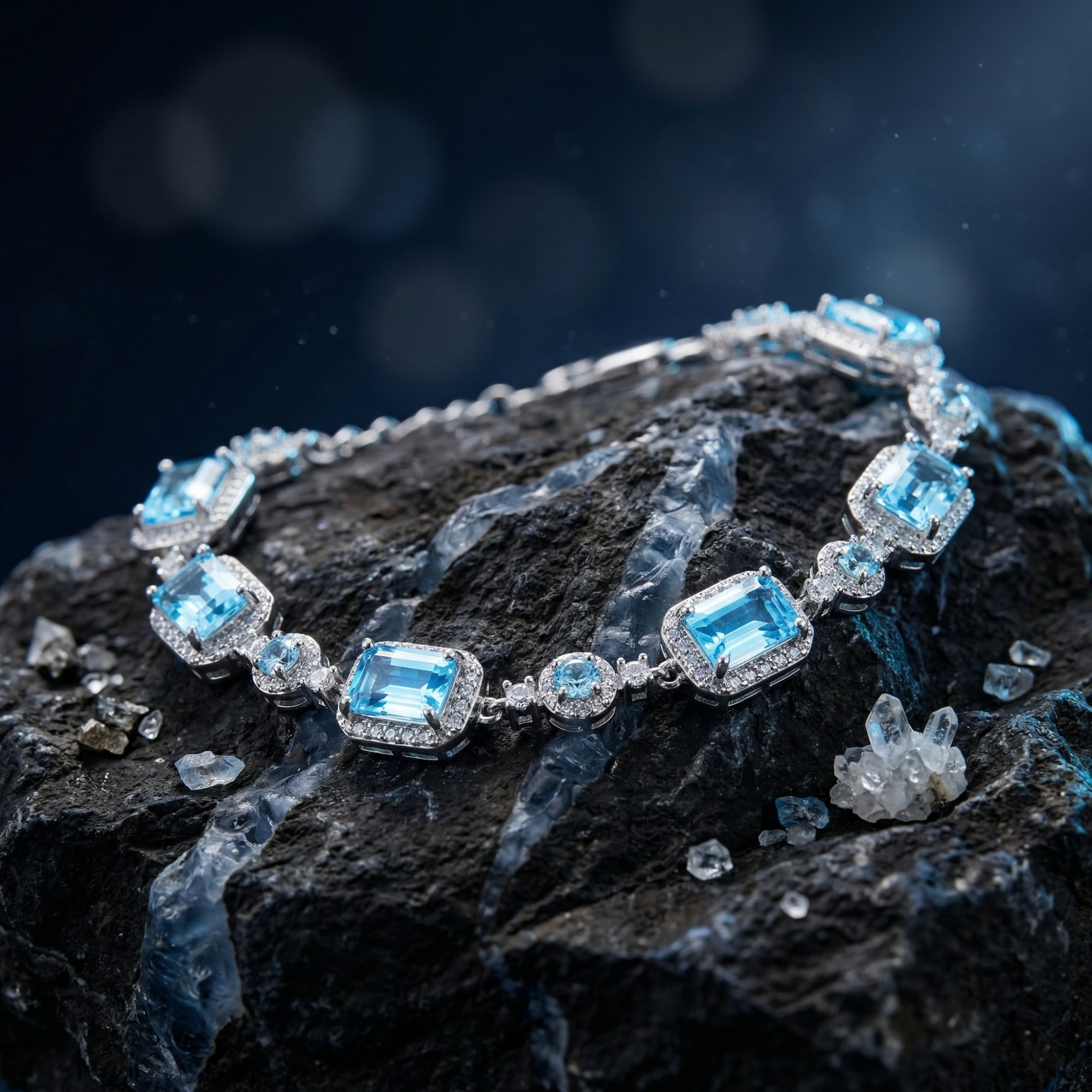Angled view of the emerald cut blue topaz silver bracelet resting on a textured dark stone.