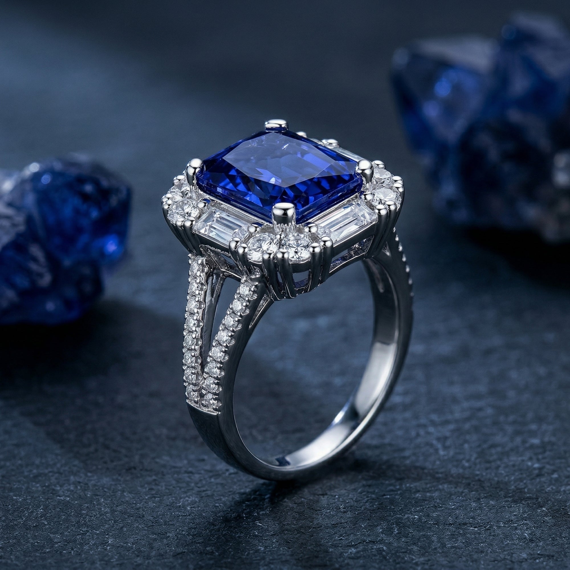 Angled view of a radiant cut tanzanite ring in sterling silver showing the pavé split shank and halo.