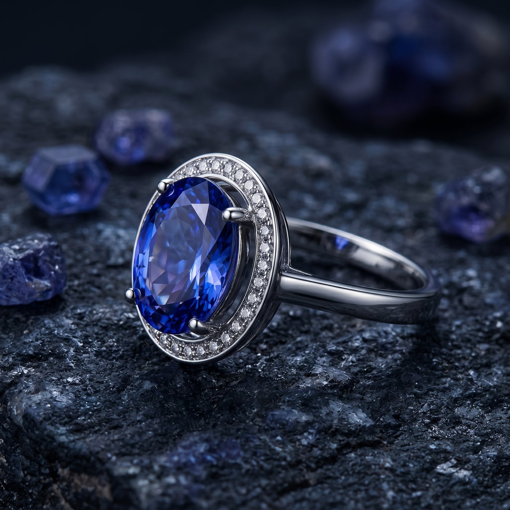 Close-up side view of an 18K white gold oval tanzanite ring with a diamond halo on a textured stone.