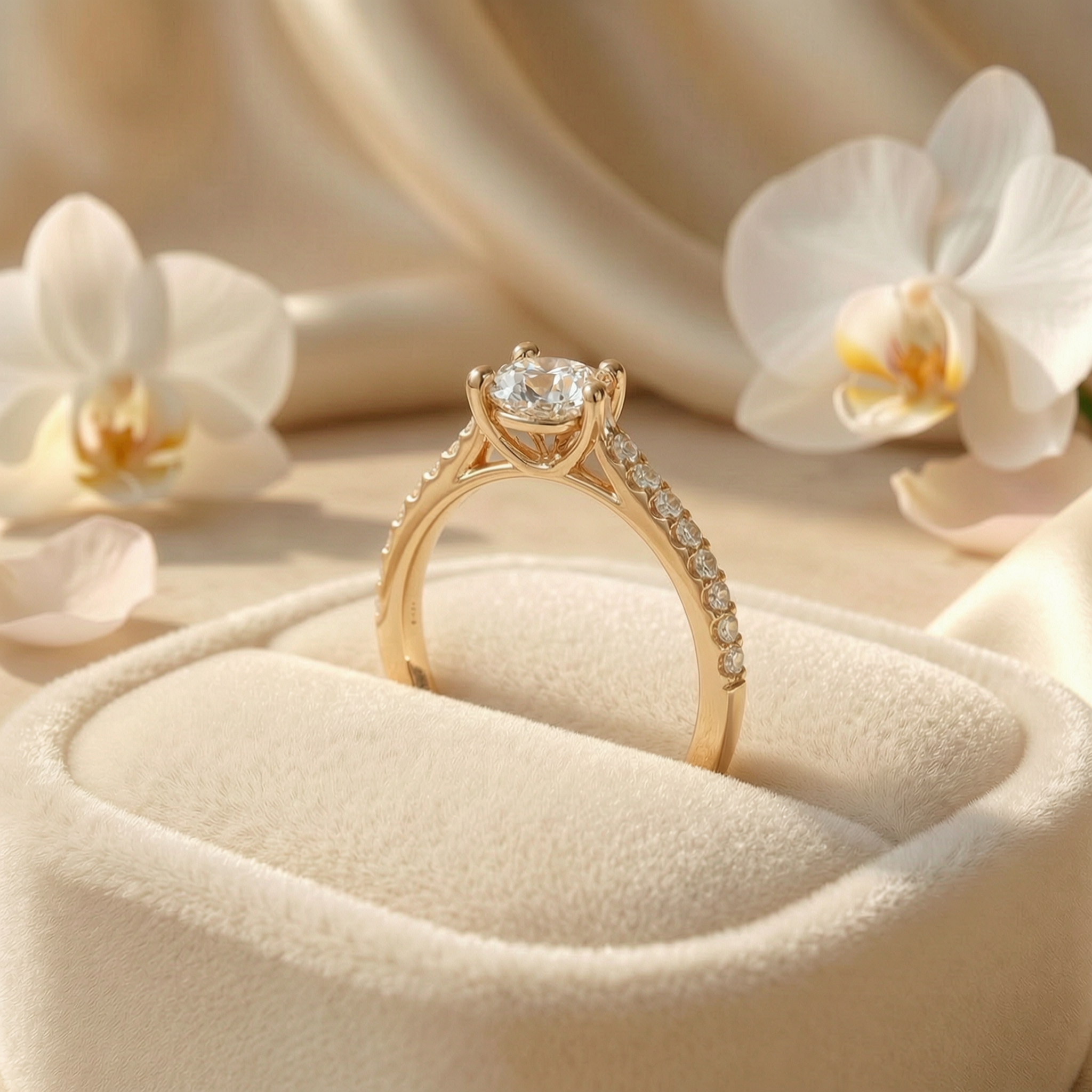 Profile view of a yellow gold moissanite engagement ring showcase in a beige velvet ring box.