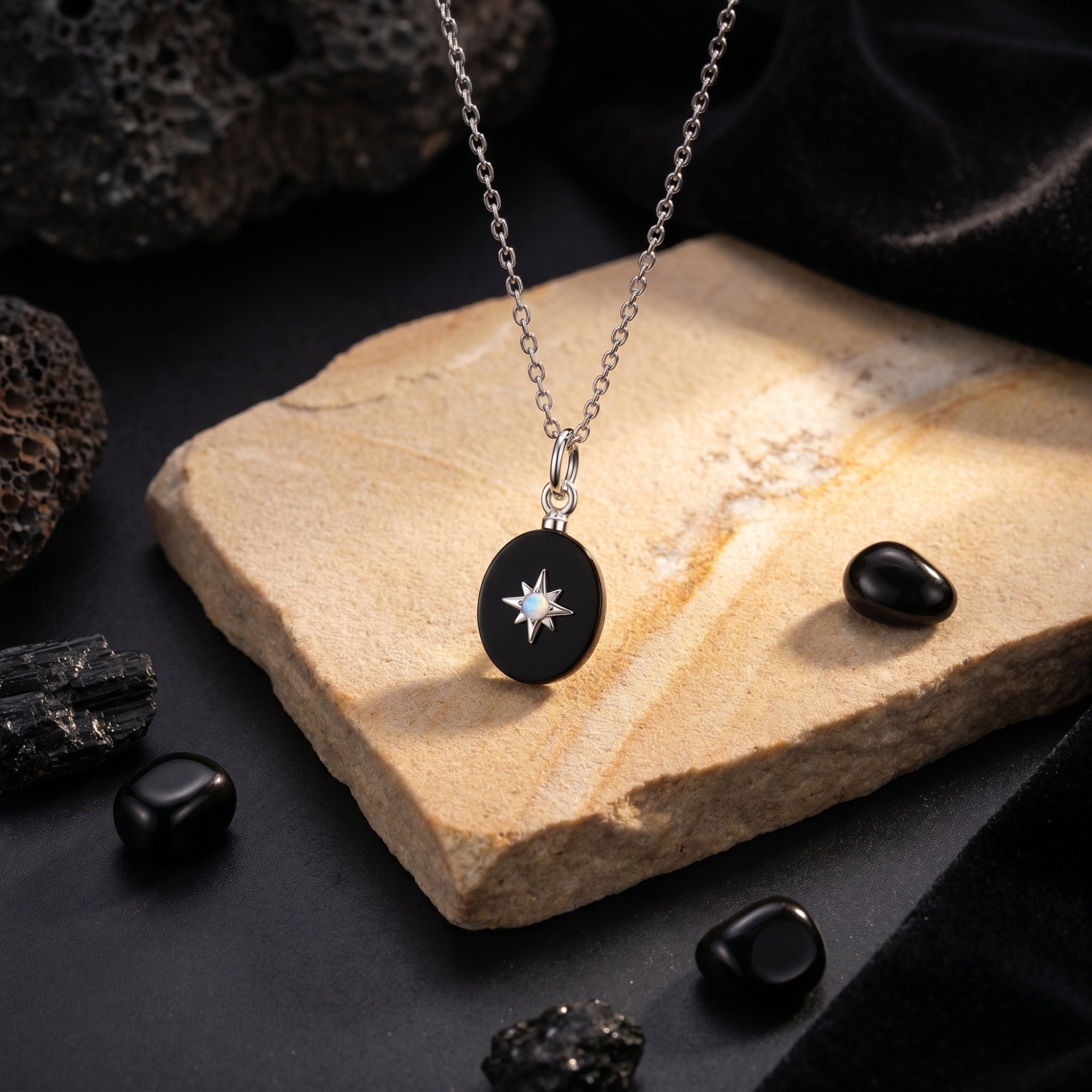 Close-up of an oval-cut black onyx pendant with a silver starburst center on a light stone background.
