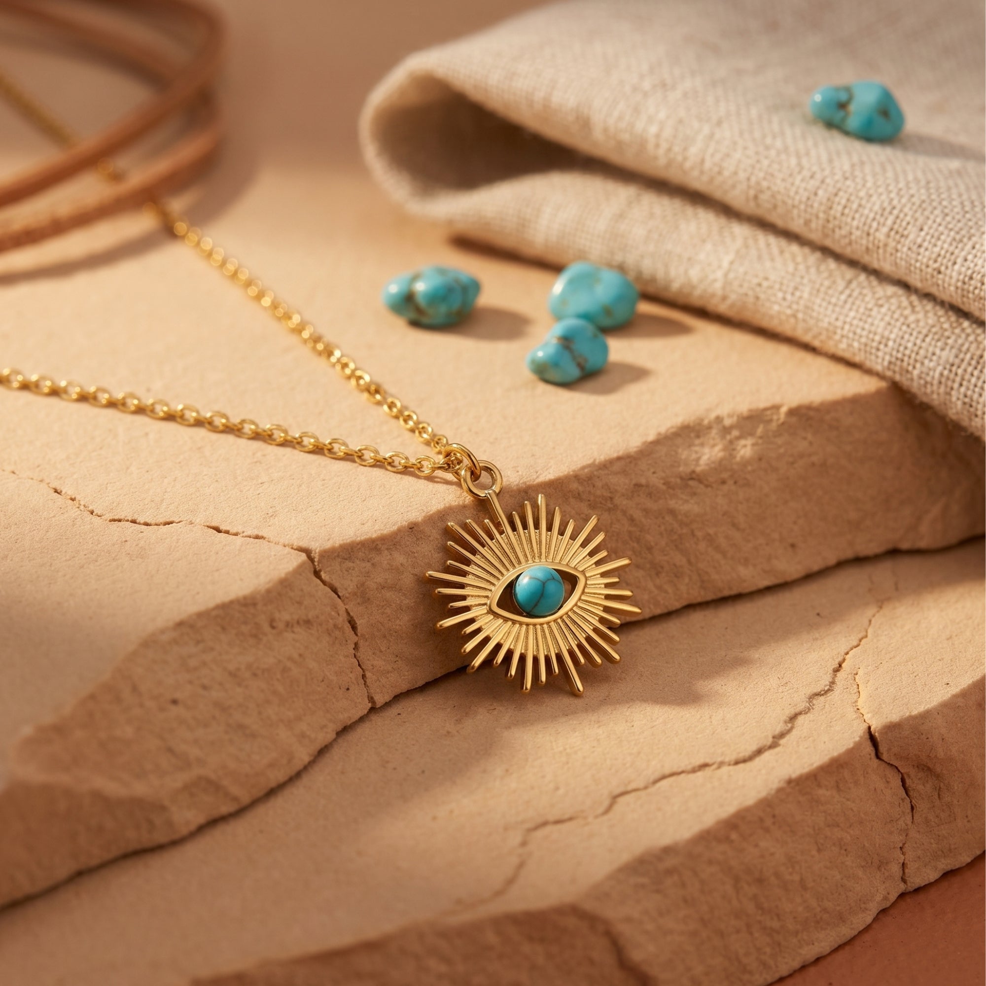 Detail shot of the gold finish sunburst pendant and round turquoise stone on a textured desert stone.