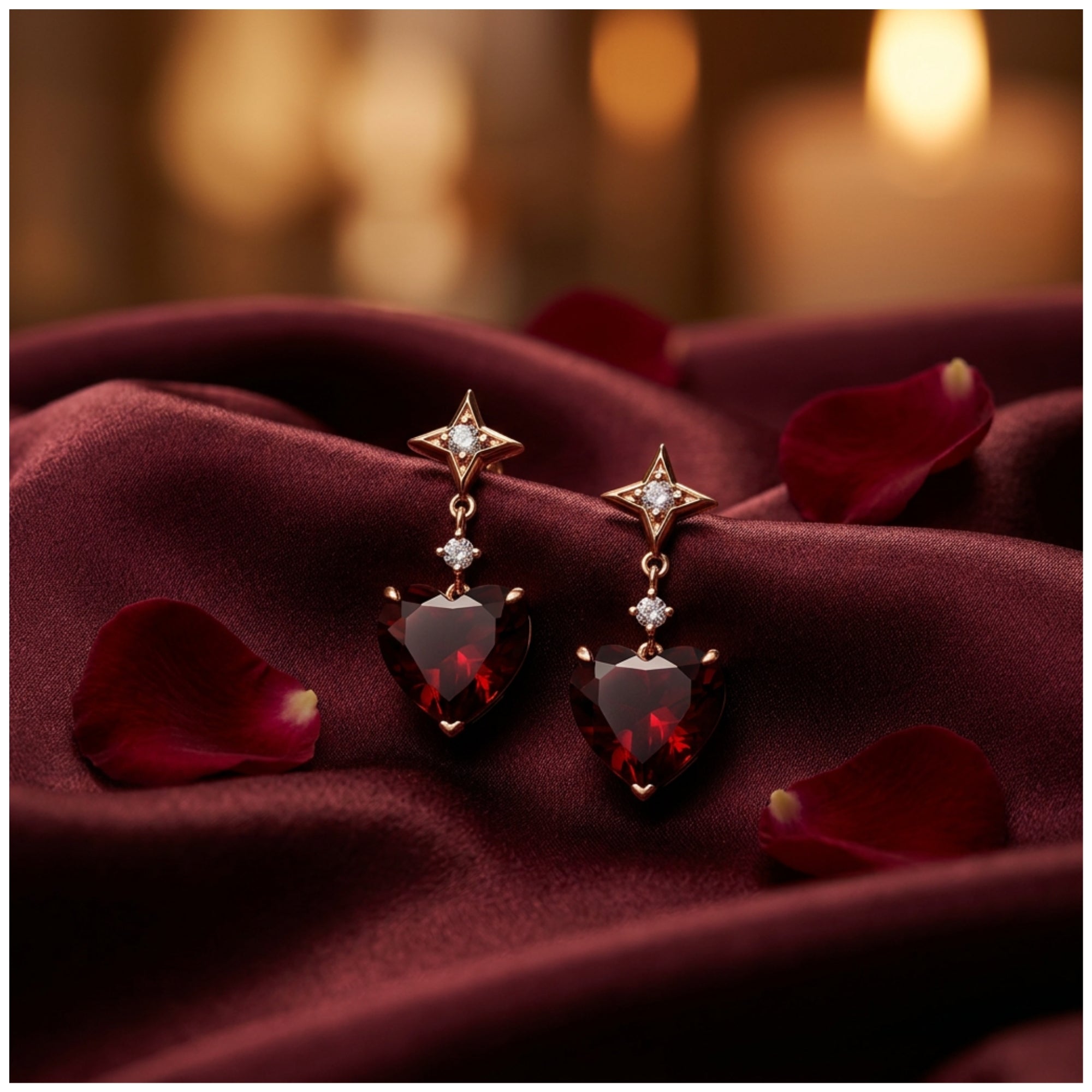 Rose gold heart cut garnet drop earrings displayed on burgundy silk fabric with scattered red rose petals.