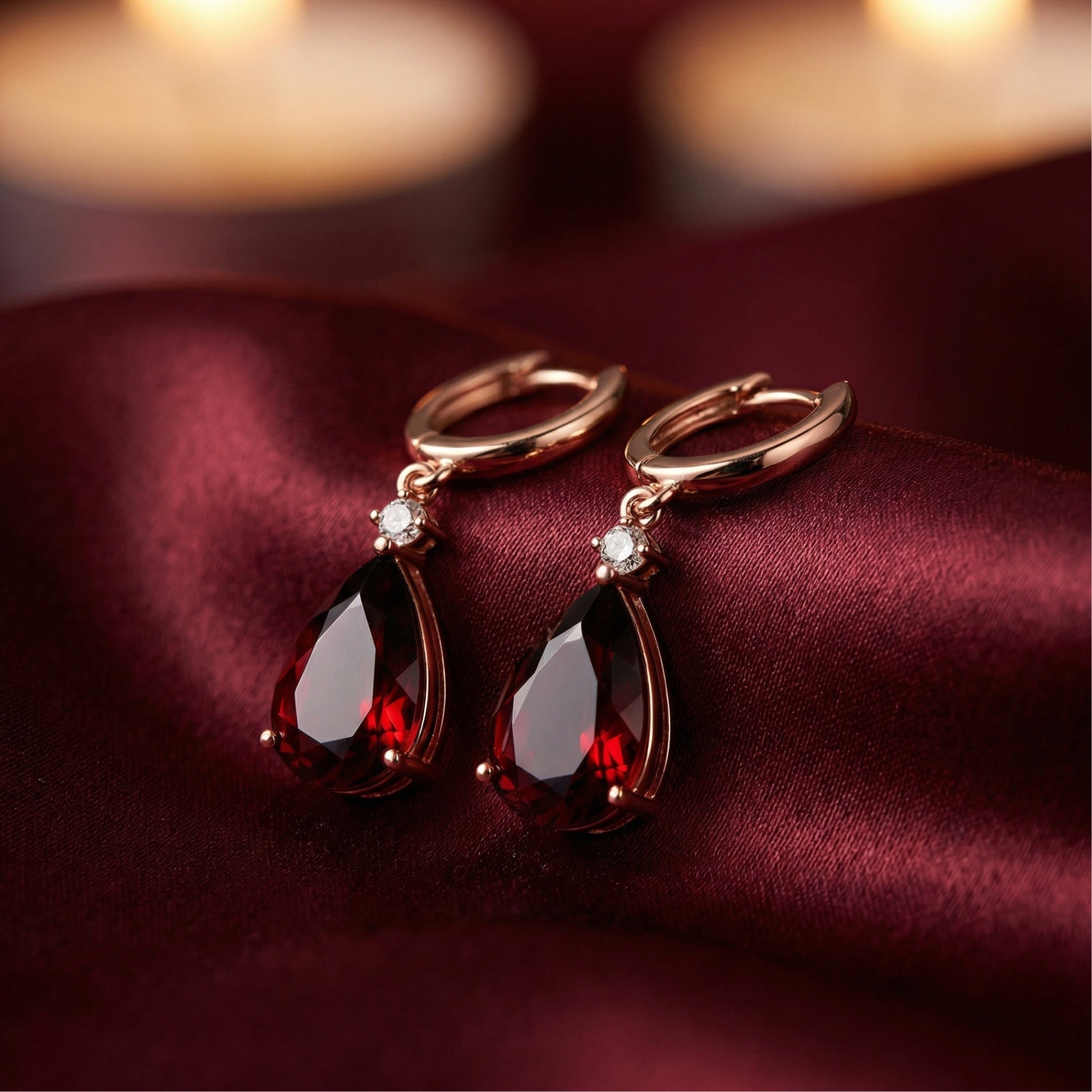 Macro view of 18K rose gold drop earrings with pear-cut garnets resting on deep red silk.