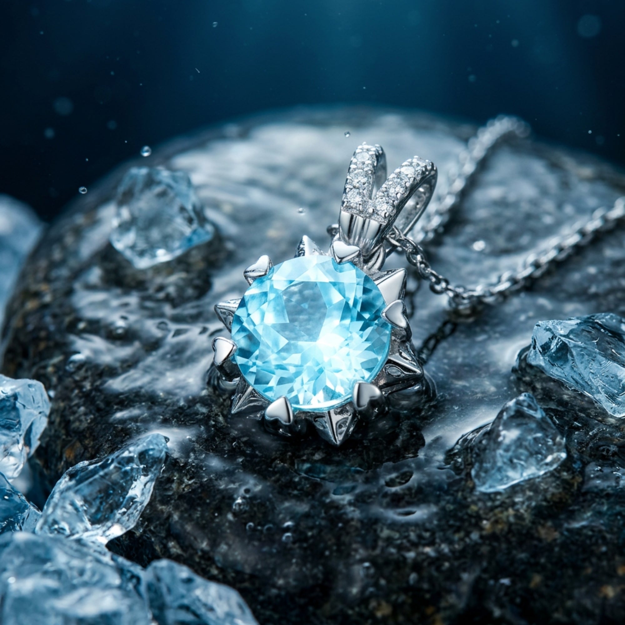 Close-up of a round natural aquamarine in a platinum starburst setting with a diamond-accented bail on a wet rock.