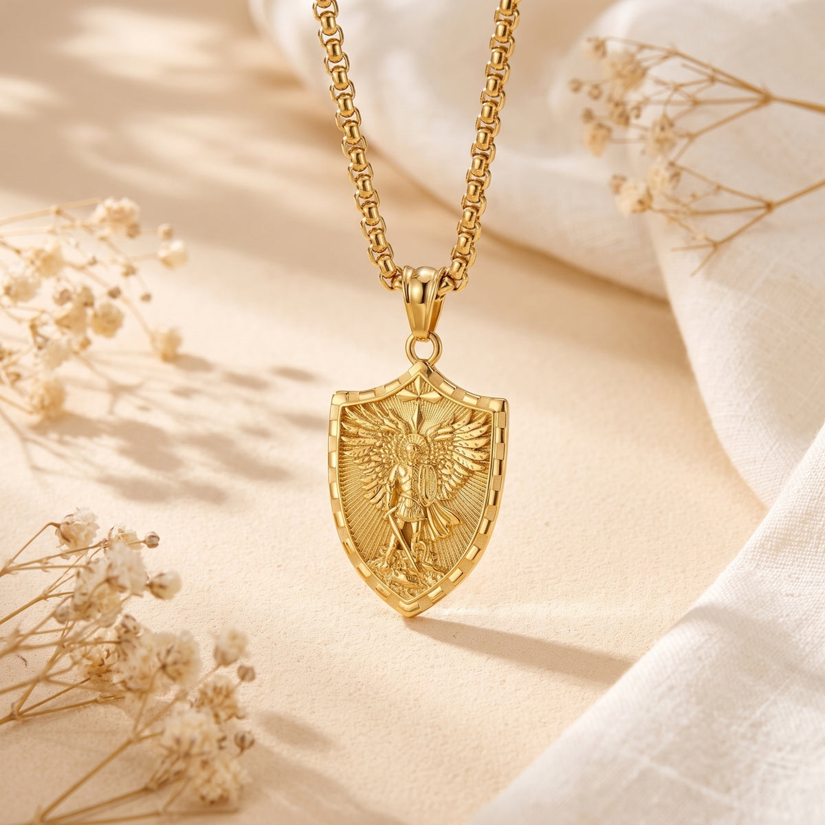 Gold-tone archangel shield pendant necklace hanging vertically against a beige background with soft fabric accents.