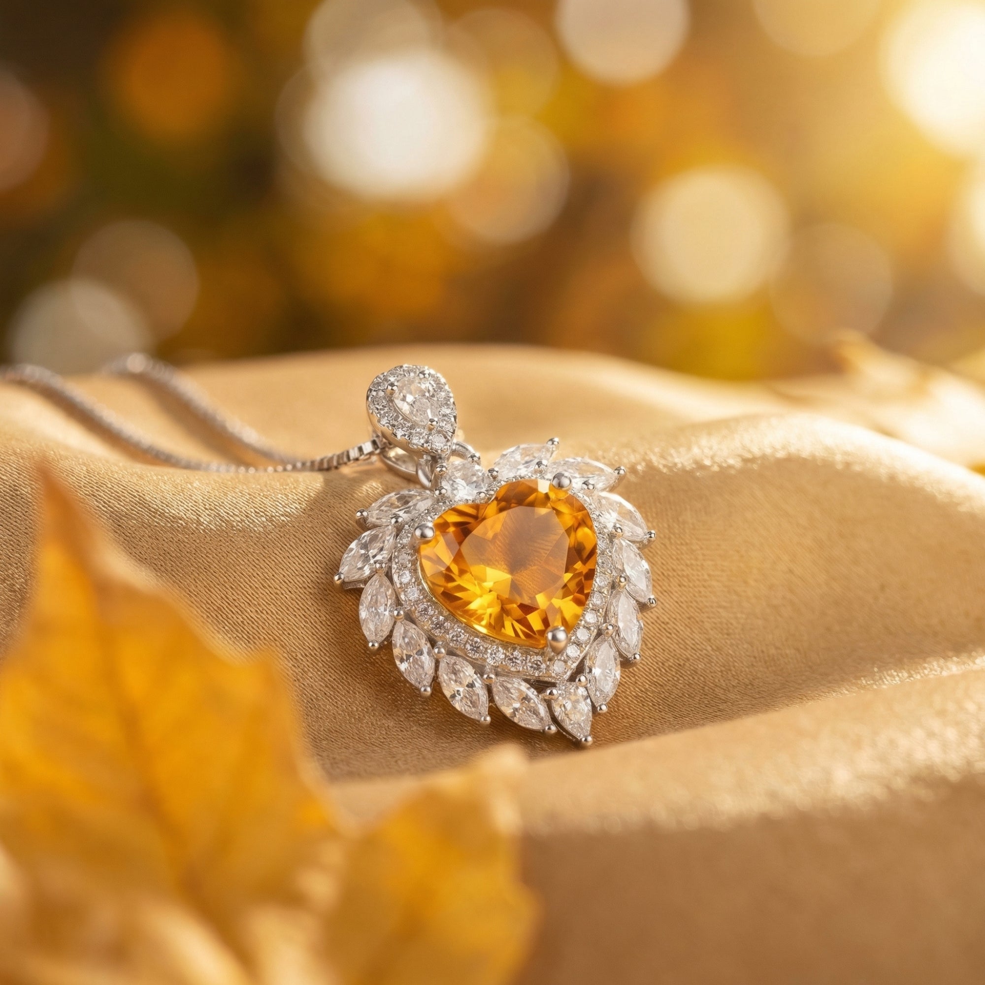 Detailed view of a heart cut citrine necklace in a silver marquise halo setting on golden fabric.