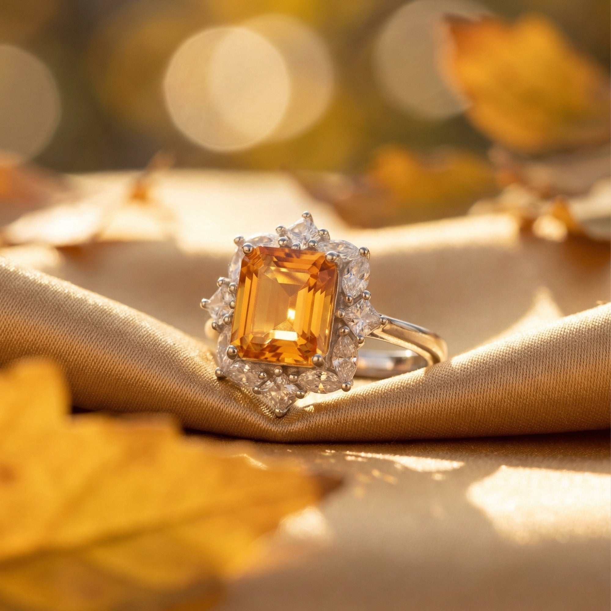 Angled view of a silver citrine statement ring with a halo of accent stones on gold silk with fall leaves.