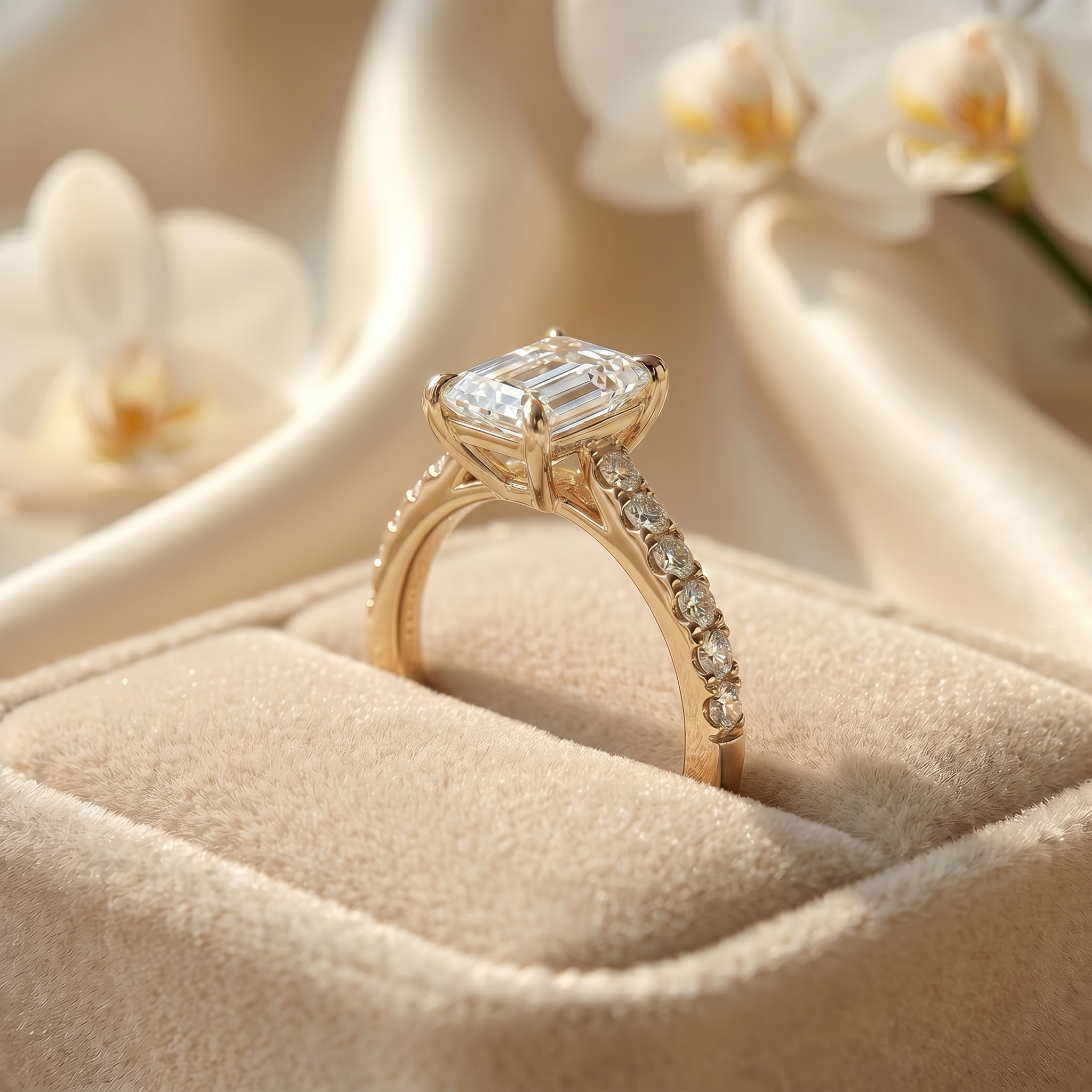 A detailed profile view of the yellow gold emerald-cut moissanite ring displayed inside a beige velvet ring box.