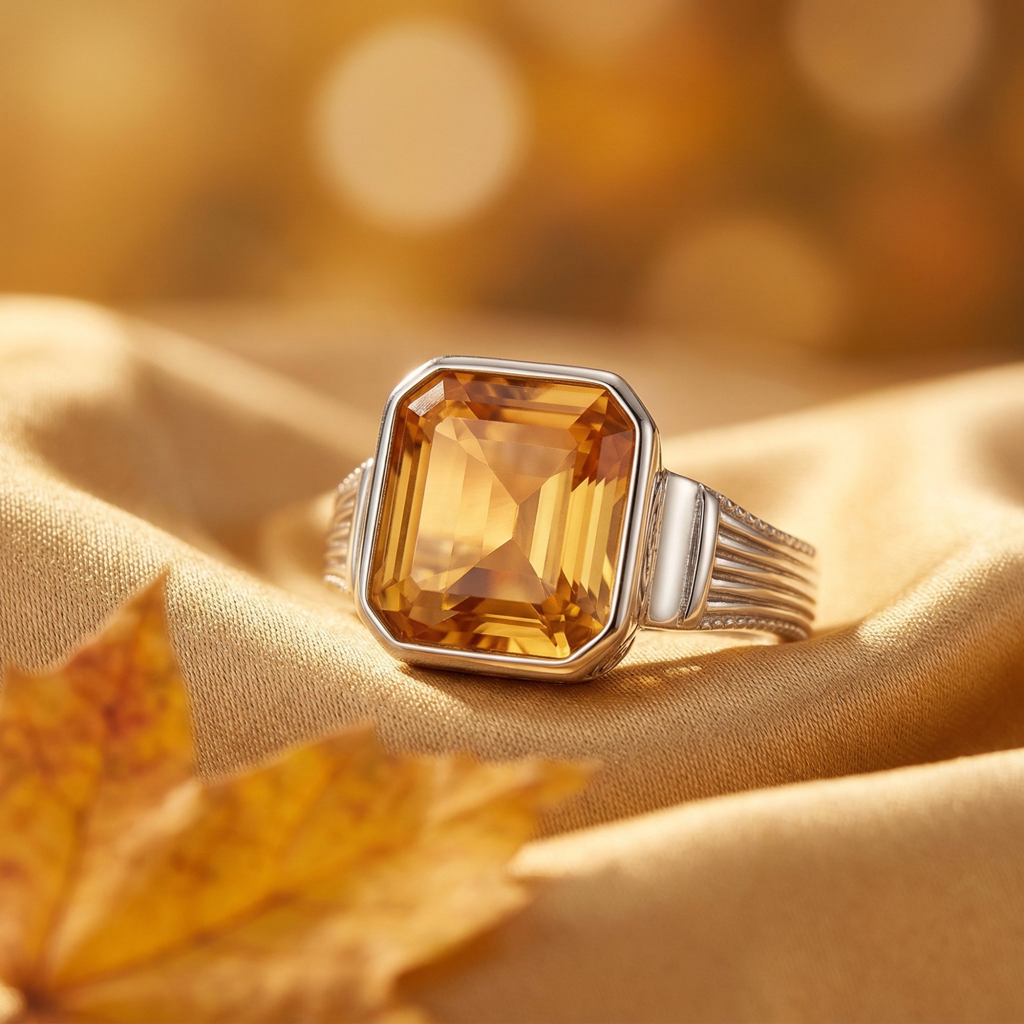 Macro view of the Asscher cut natural citrine stone and silver architectural band on golden fabric.