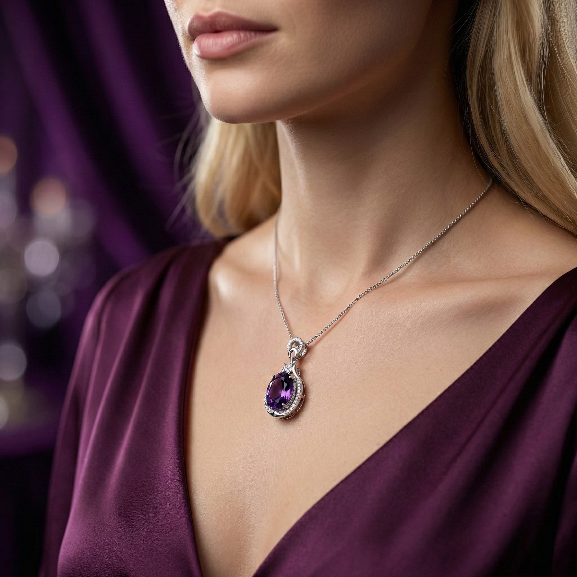 Model wearing the Victoria oval cut amethyst pendant in sterling silver on a delicate chain.