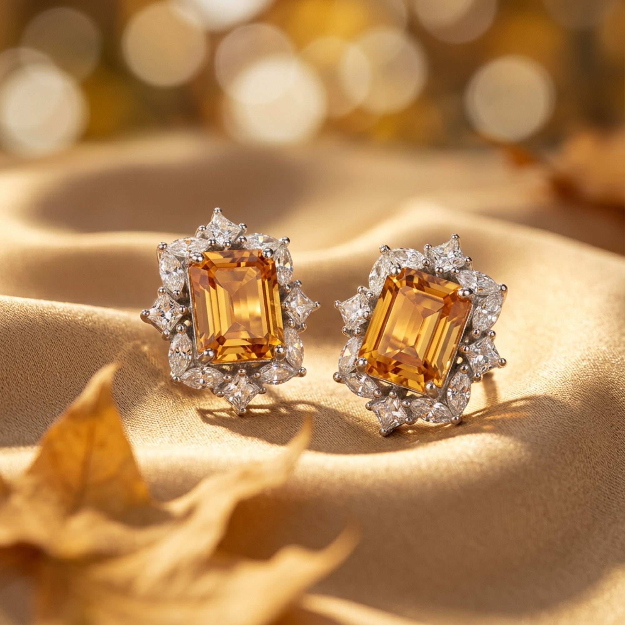 Macro view of emerald cut natural citrine earrings highlighting the faceted center stone and diamond halo.