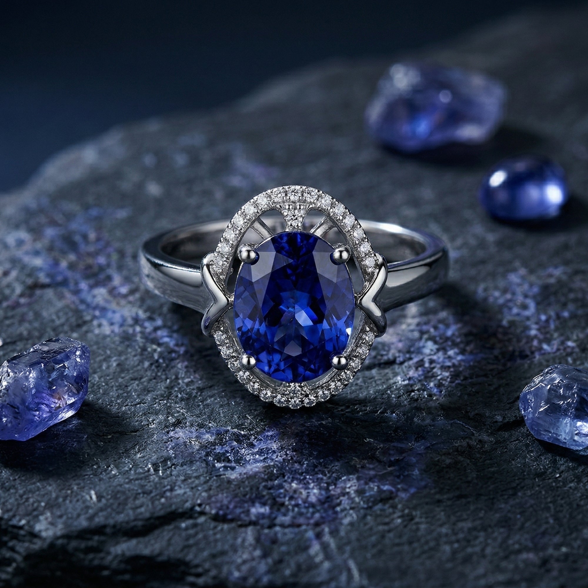Frontal view of the 18K white gold oval tanzanite and diamond halo ring on a textured dark stone.
