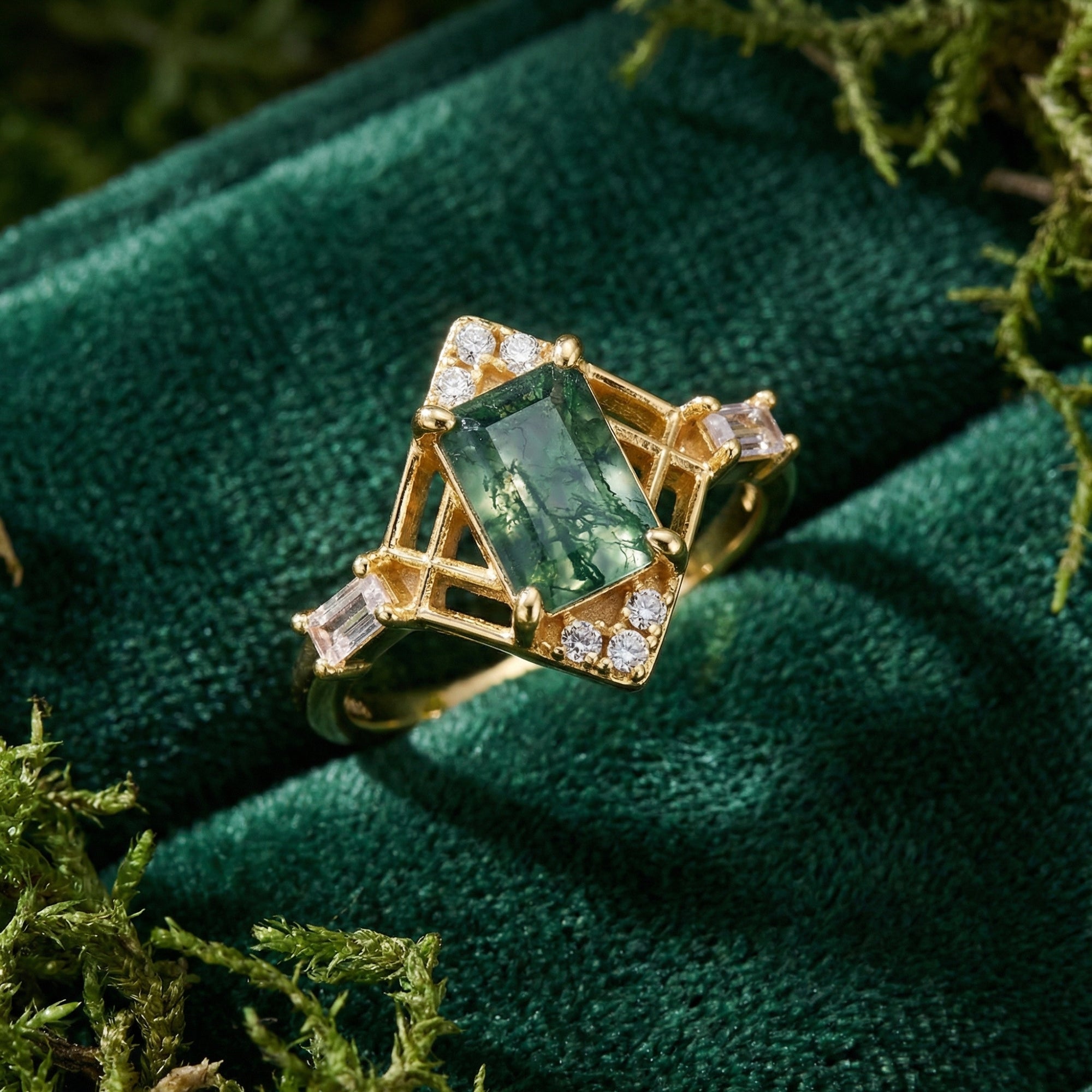 Close-up of a rectangular moss agate ring in a gold-plated kite-shaped geometric frame on green velvet.