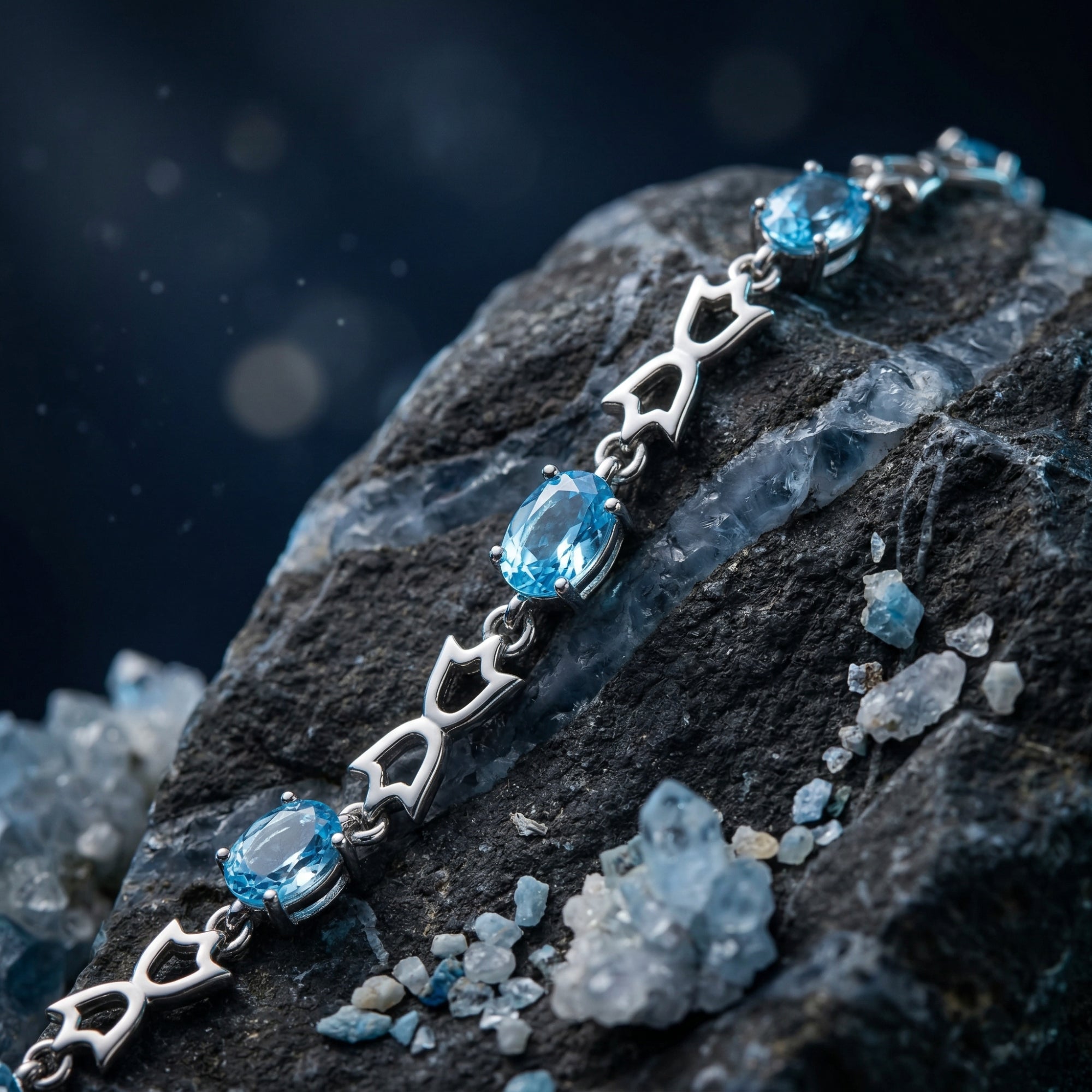Close-up of oval-cut blue topaz stones and silver bow-shaped links on the Aquaria bracelet.