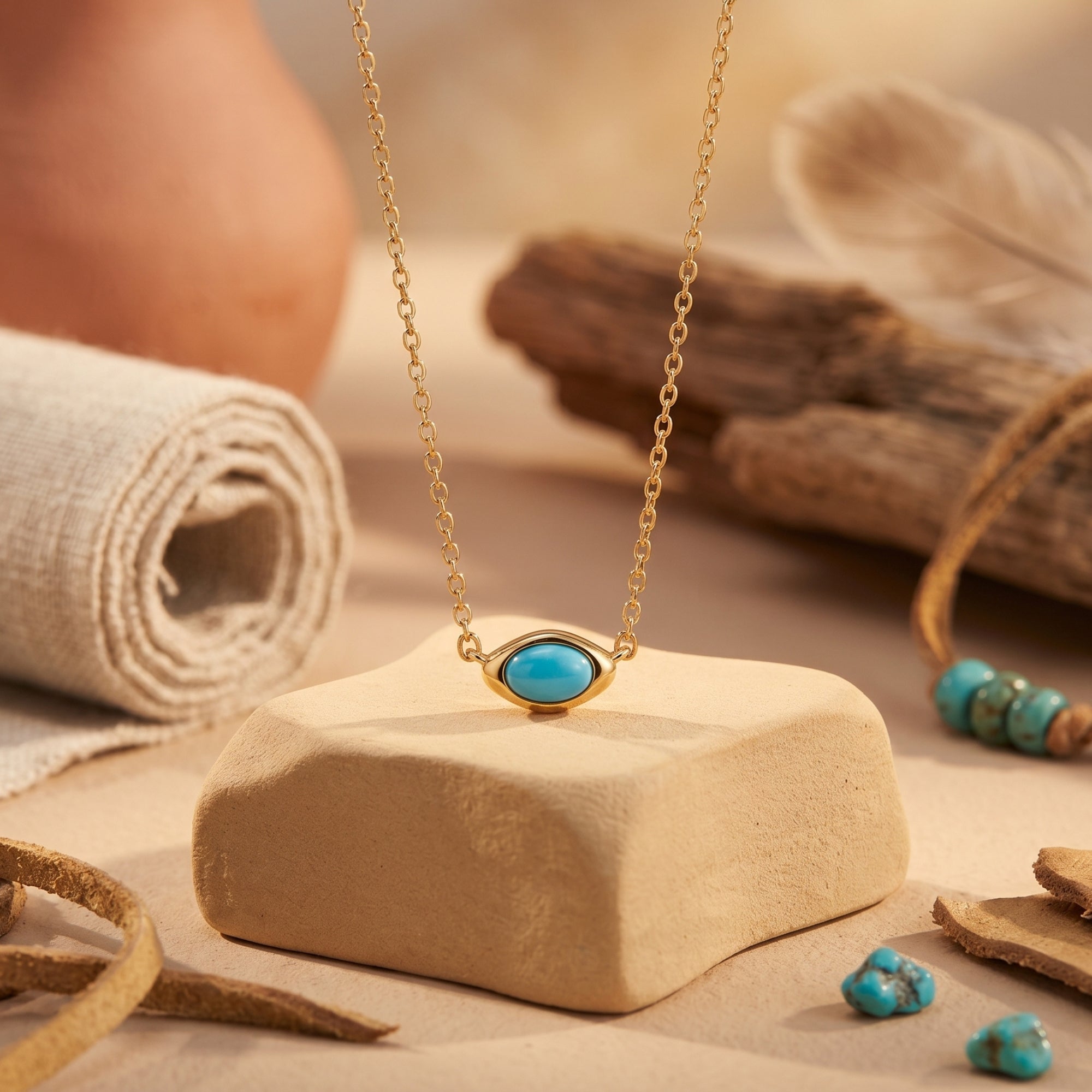 Gold turquoise necklace featuring a horizontal cabochon stone, styled with desert-inspired props and textures.