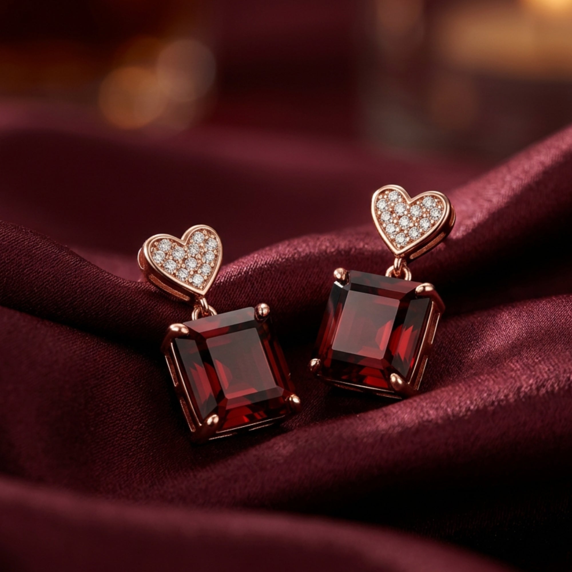 Macro view of the Serafina earrings' square cut red garnets and diamond pave heart tops in rose gold.