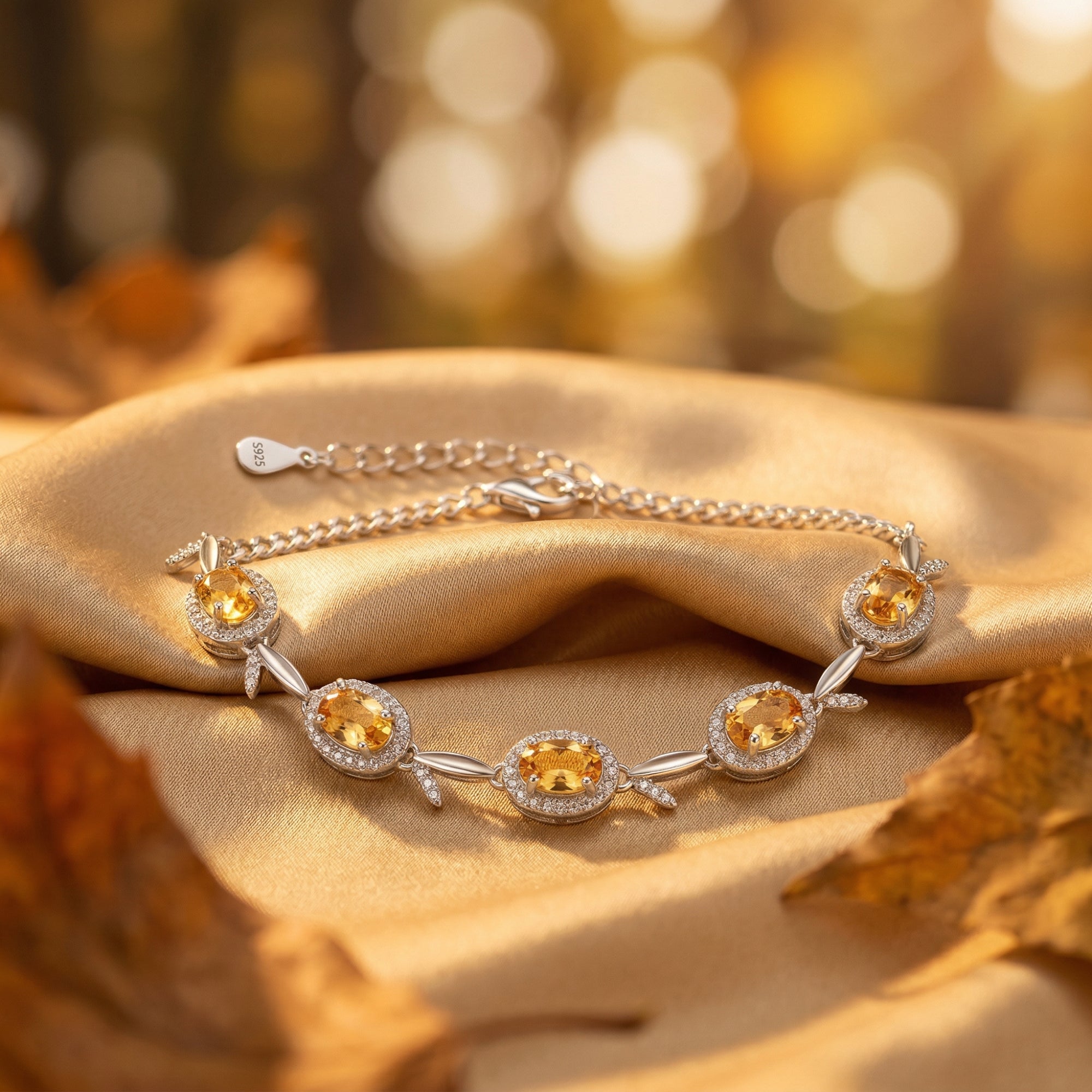Natural oval-cut citrine bracelet in sterling silver displayed on gold silk among autumn leaves in warm sunlight.