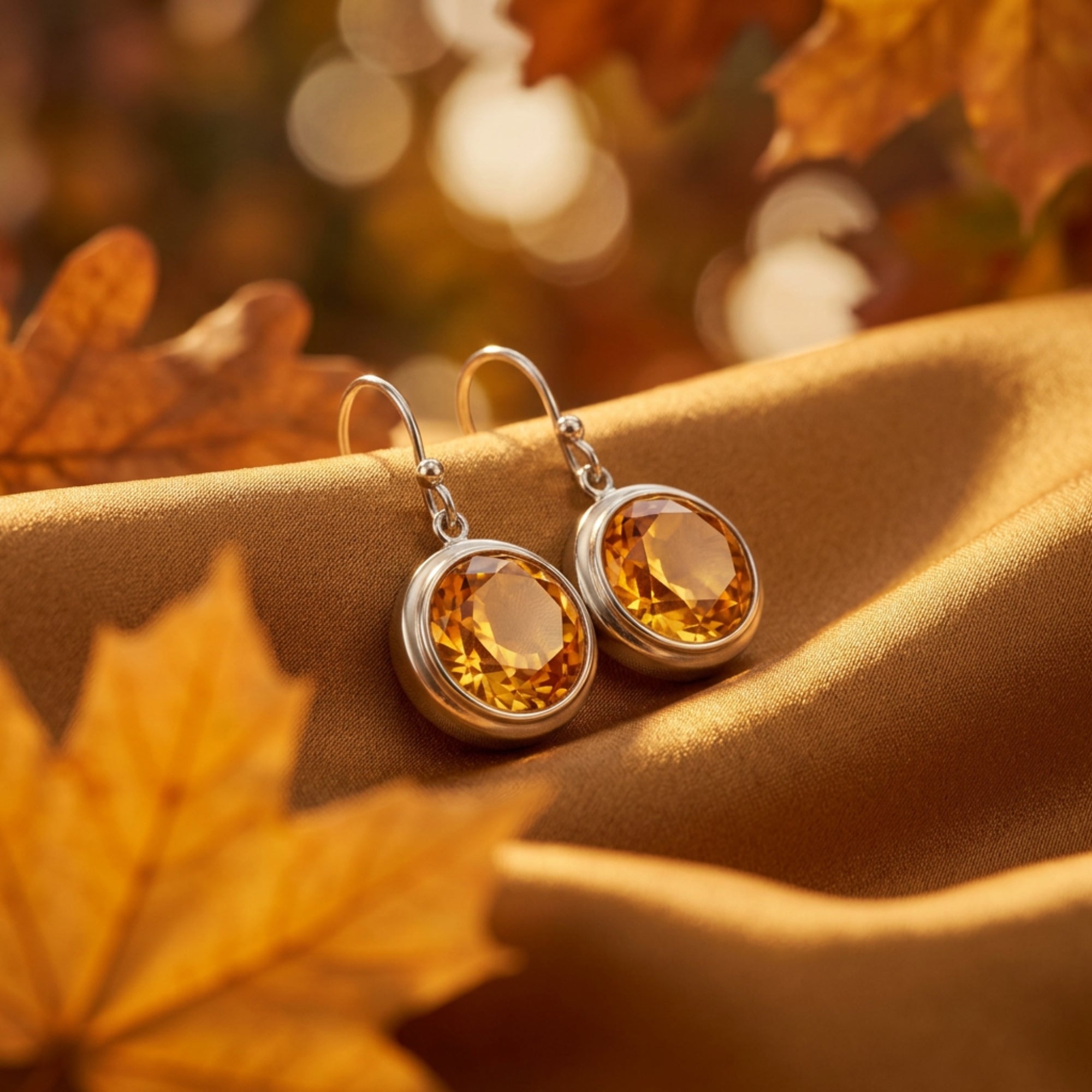 Detailed view of faceted round-cut citrine drop earrings in sterling silver on golden fabric.