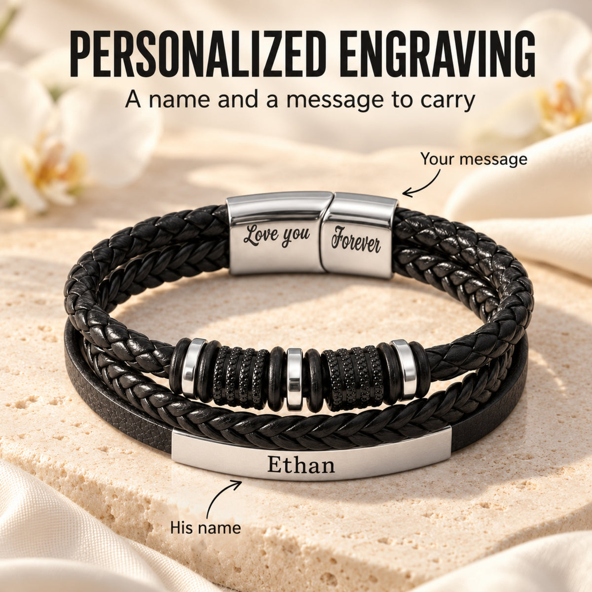 Next Chapter bracelet engraving positions: his name on the front plate and a personal message on the clasp
