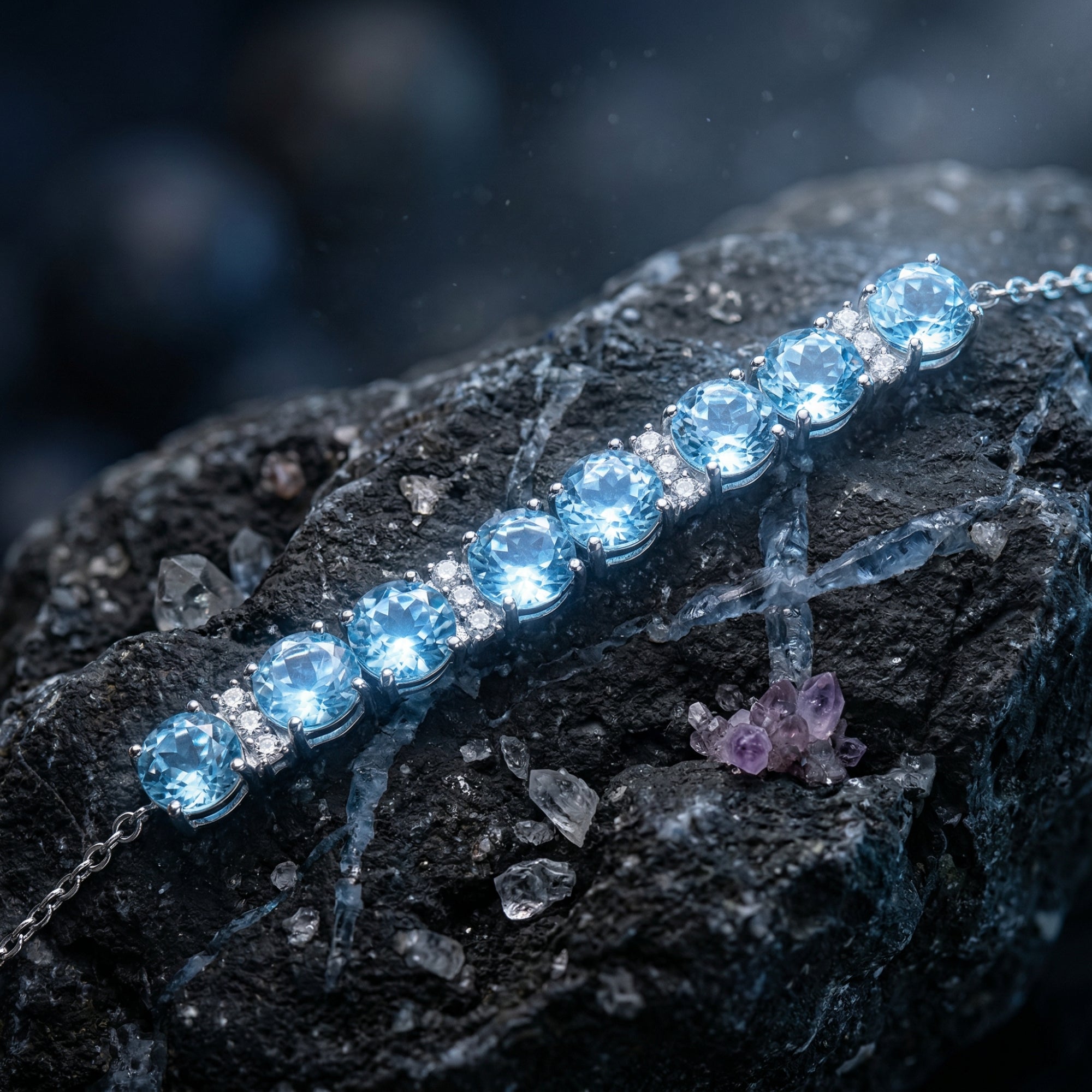 Close-up of round cut natural topaz stones in a silver setting on a dark textured rock.