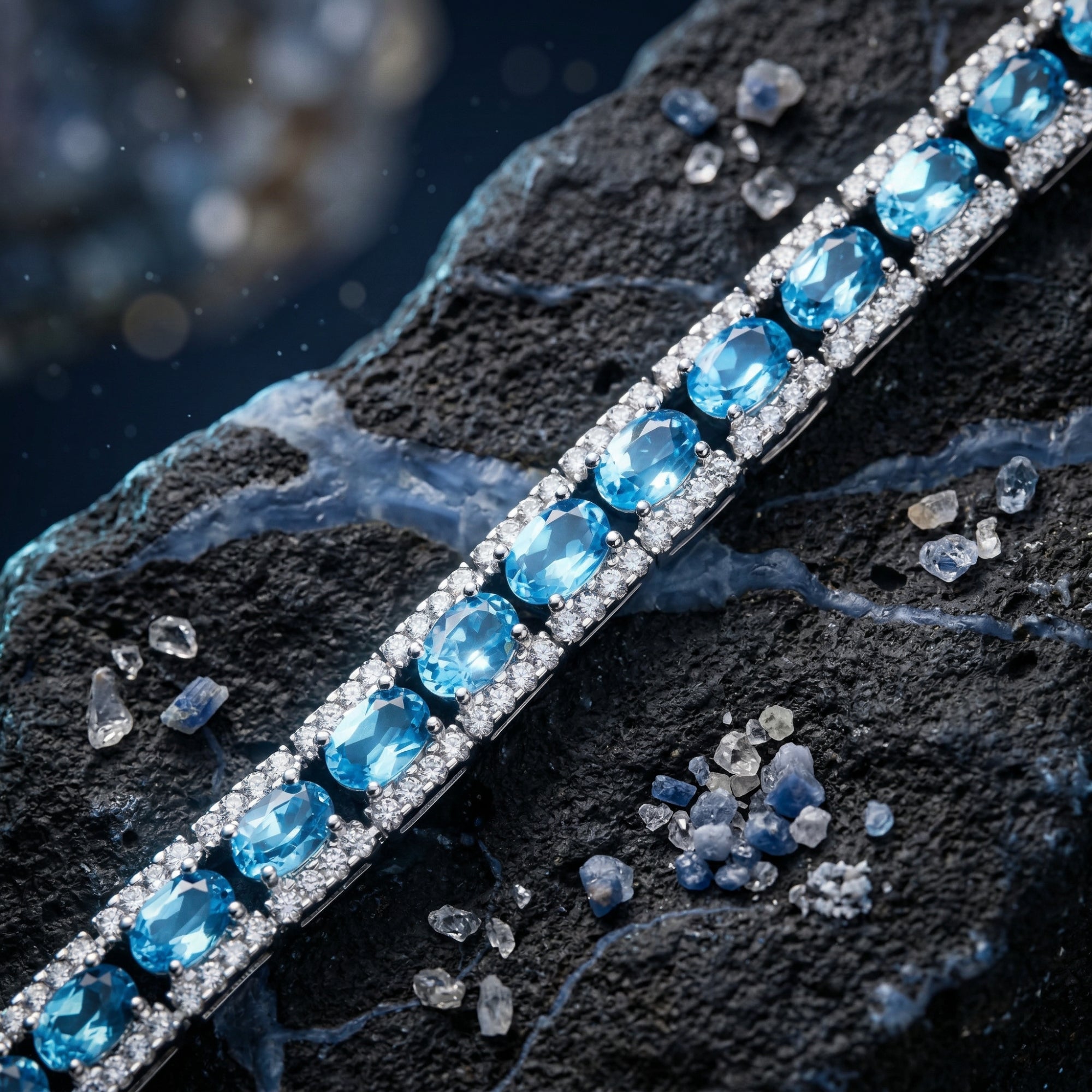 Close-up of oval-cut natural blue topaz stones in a white gold halo setting on a tennis bracelet.