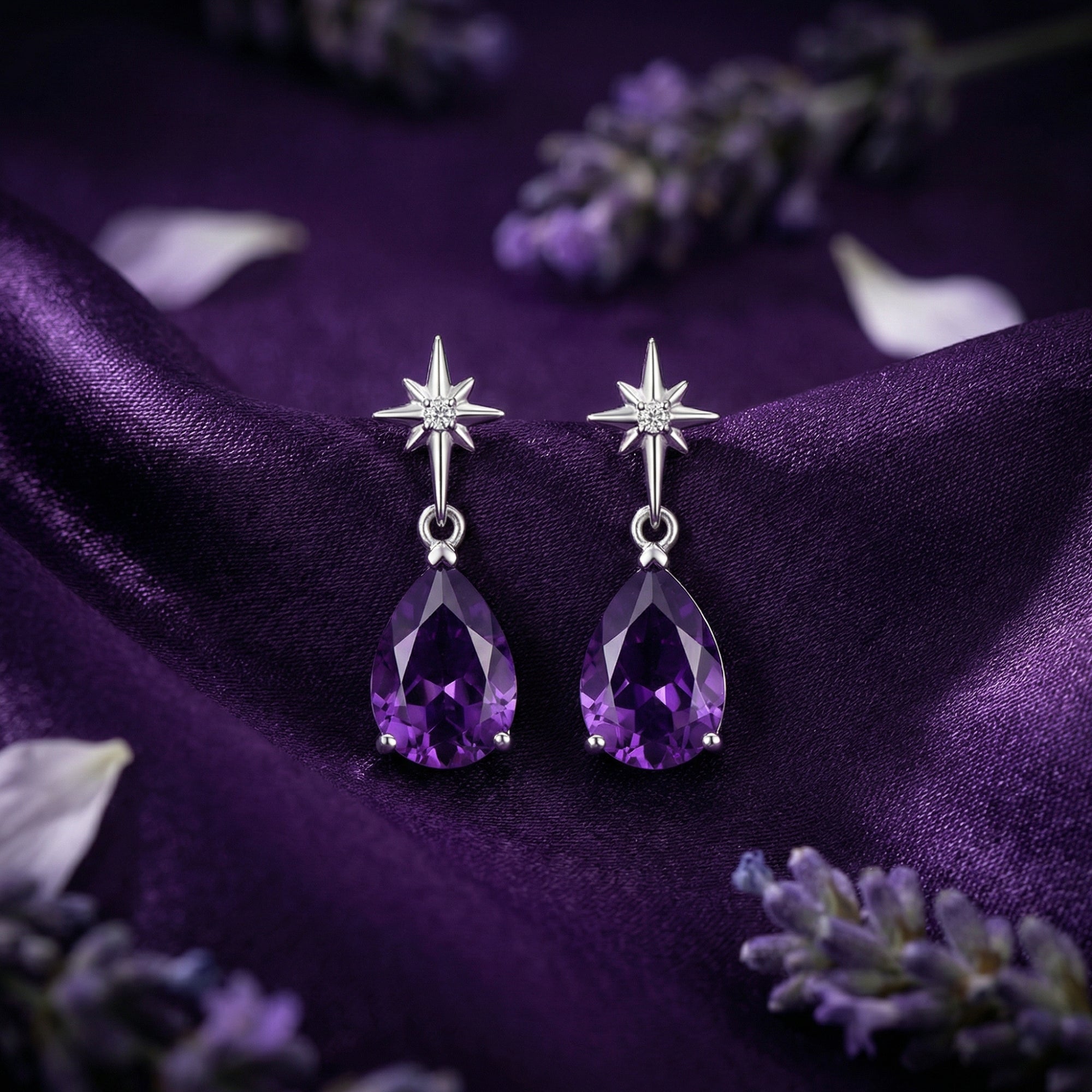 Close-up of a pair of pear cut amethyst and sterling silver star drop earrings on purple fabric.