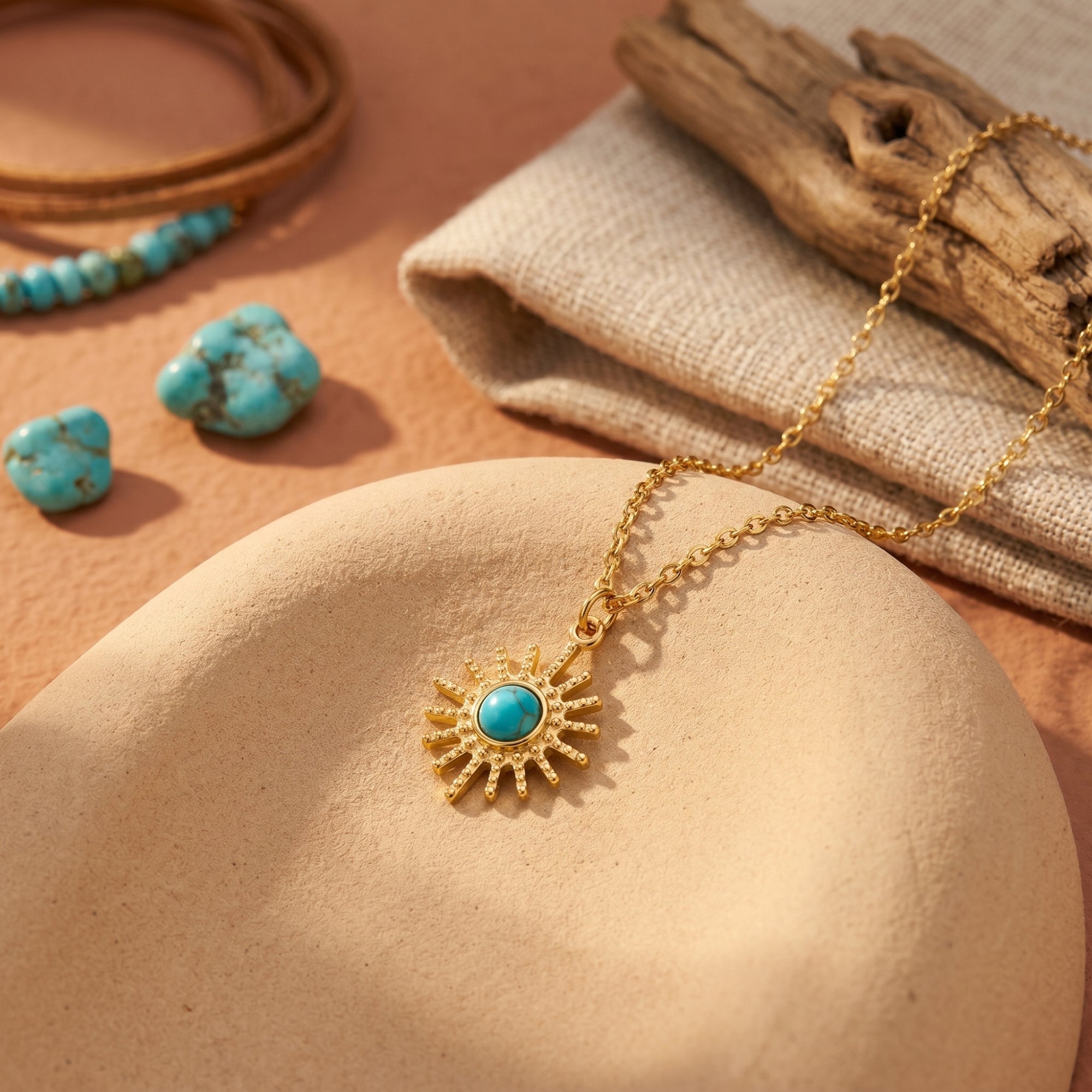 18K gold sunburst turquoise pendant necklace resting on a ceramic dish in a styled desert setting.