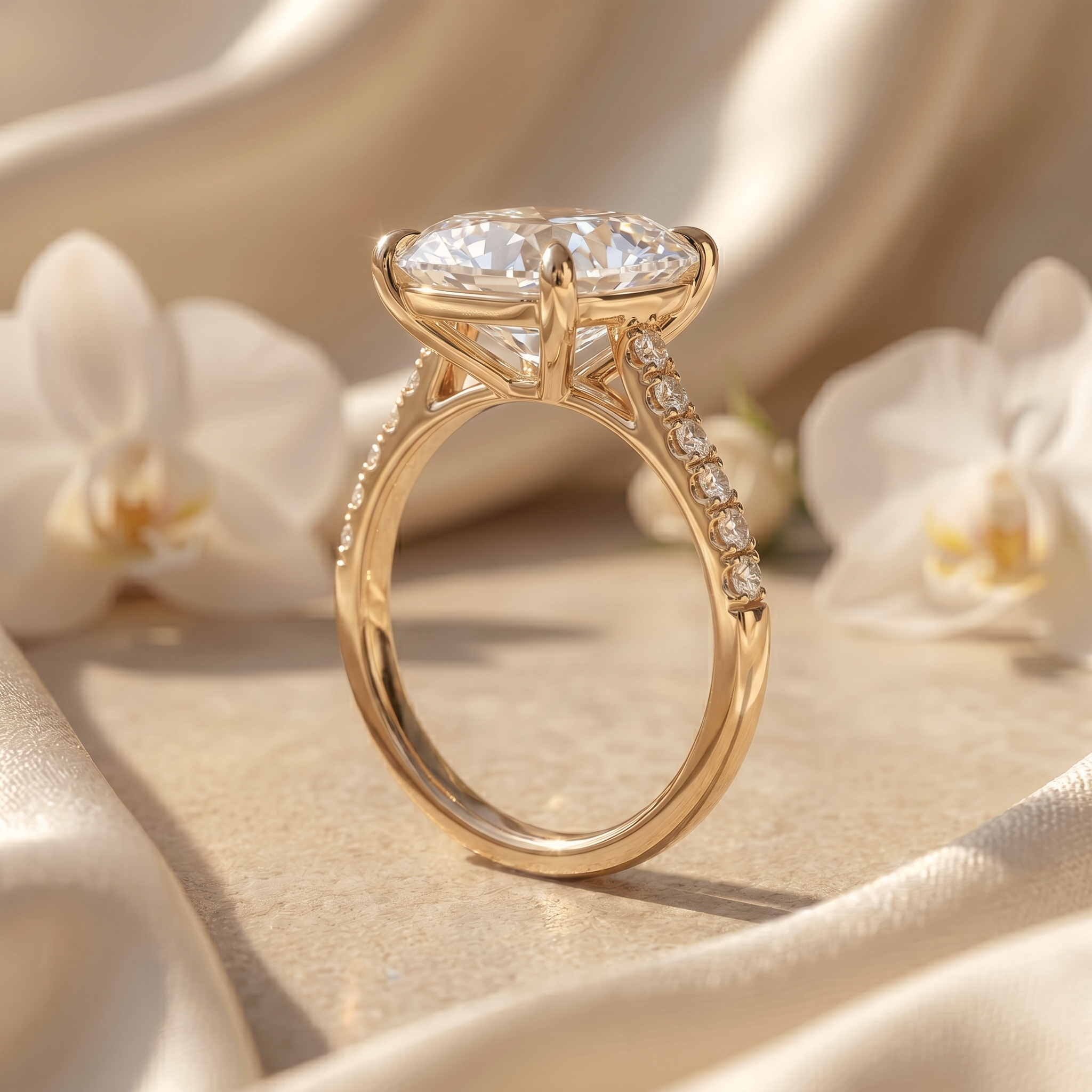 Side view of a yellow gold cushion-cut moissanite ring showcasing the sparkling diamond pave band and under-gallery design.