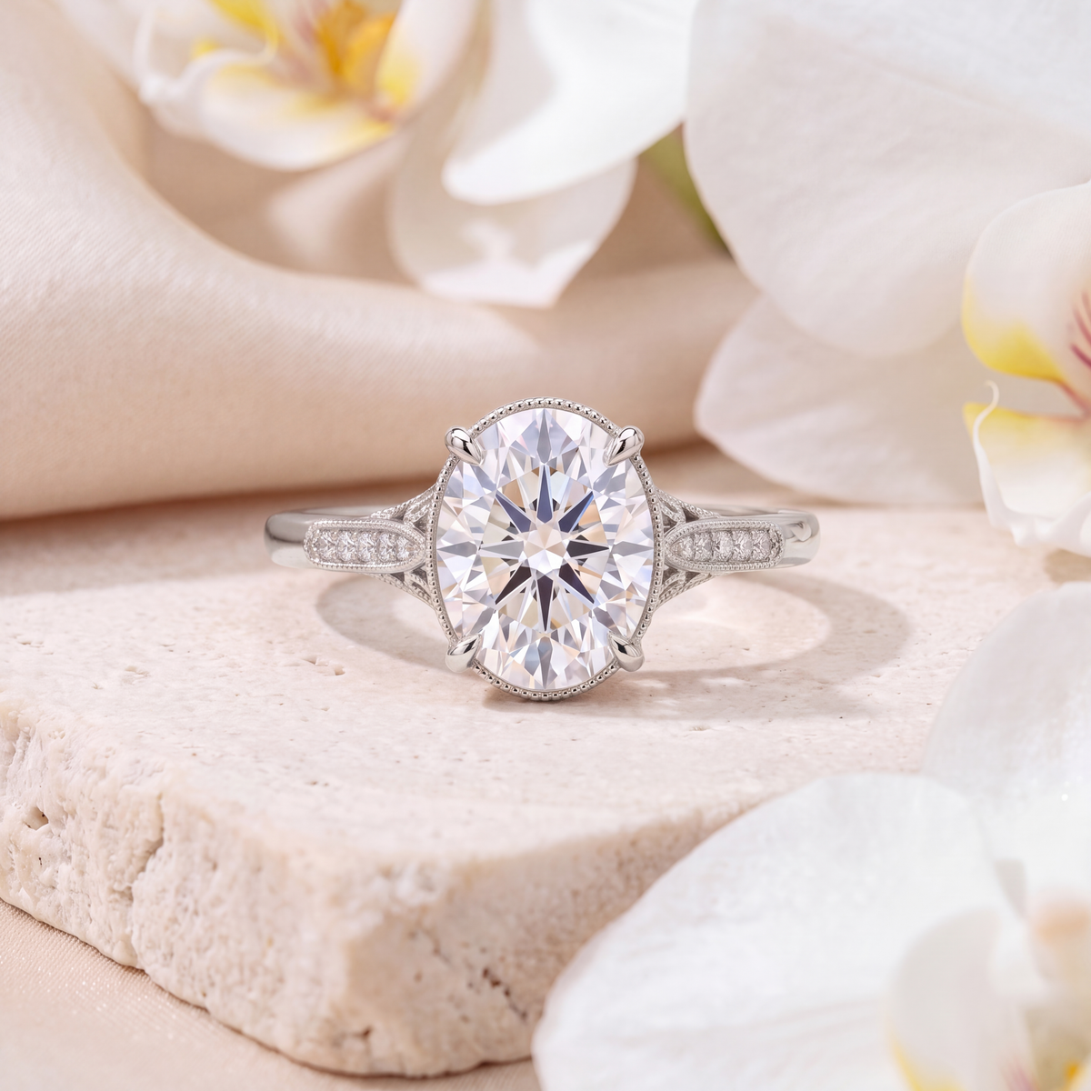 White gold vintage-style oval moissanite engagement ring featuring intricate milgrain shoulders.
