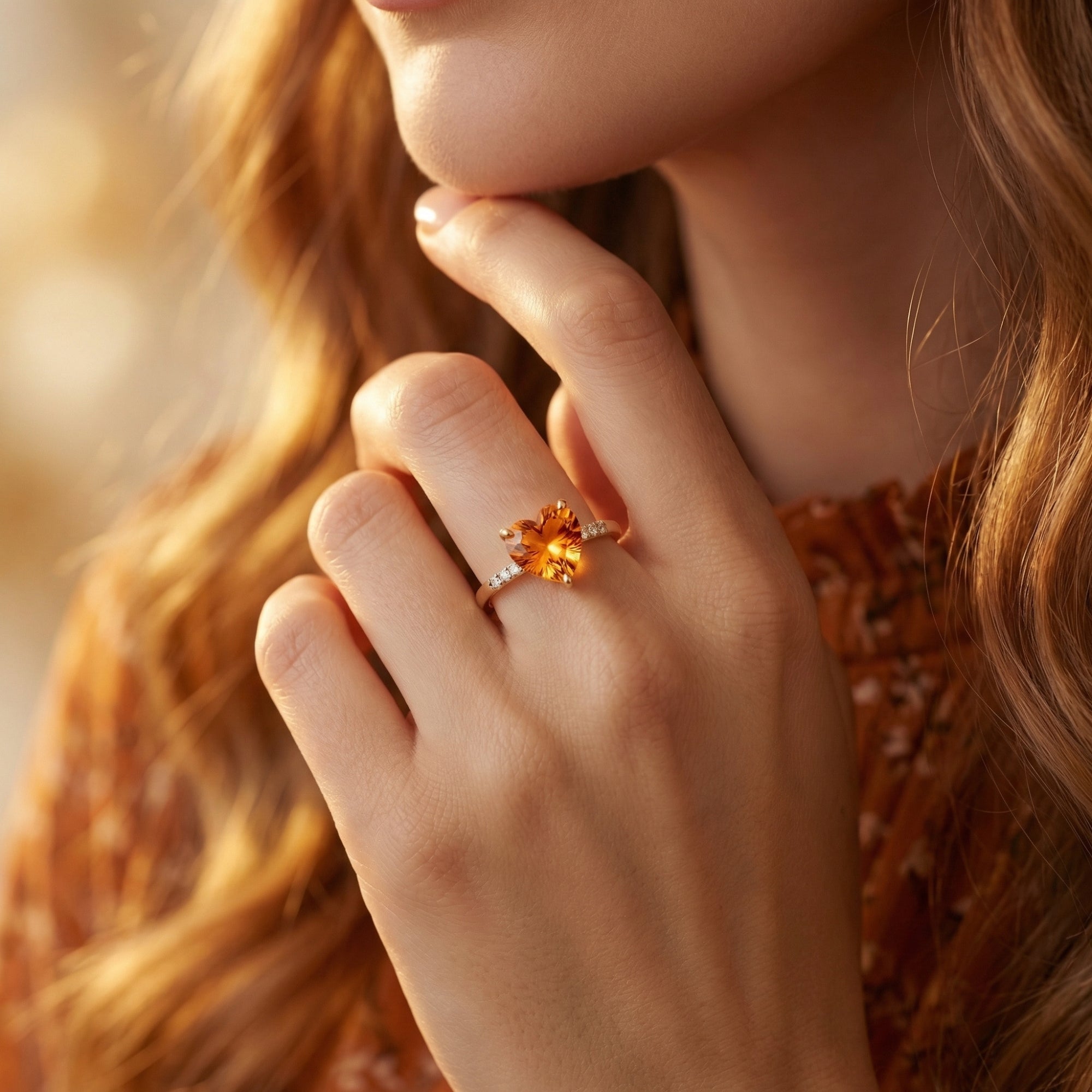 Leonora heart cut citrine ring in 18K yellow gold worn by a model in a warm, lifestyle setting.