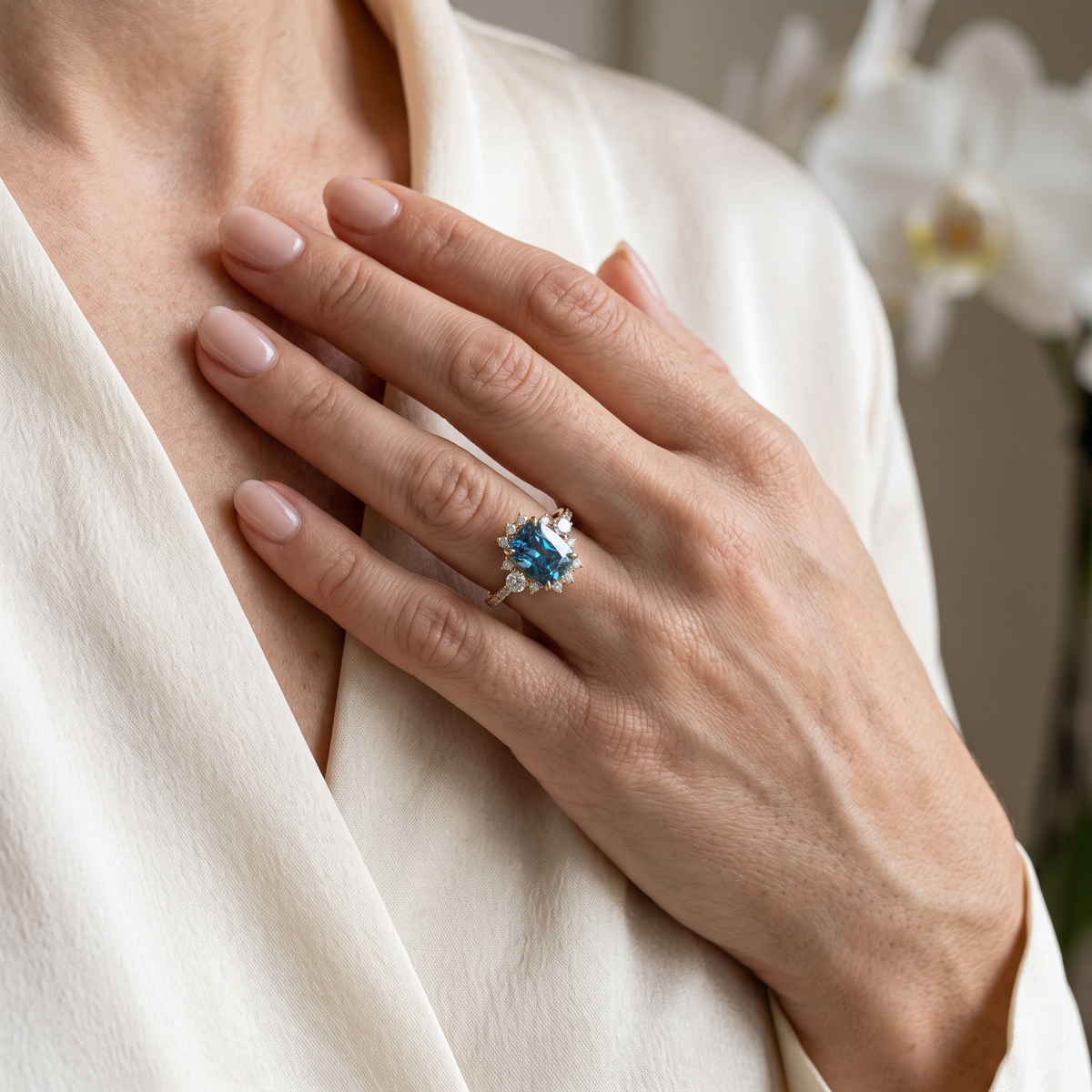 Close-up of a model wearing a rose gold halo engagement ring featuring a cushion-cut blue center stone.
