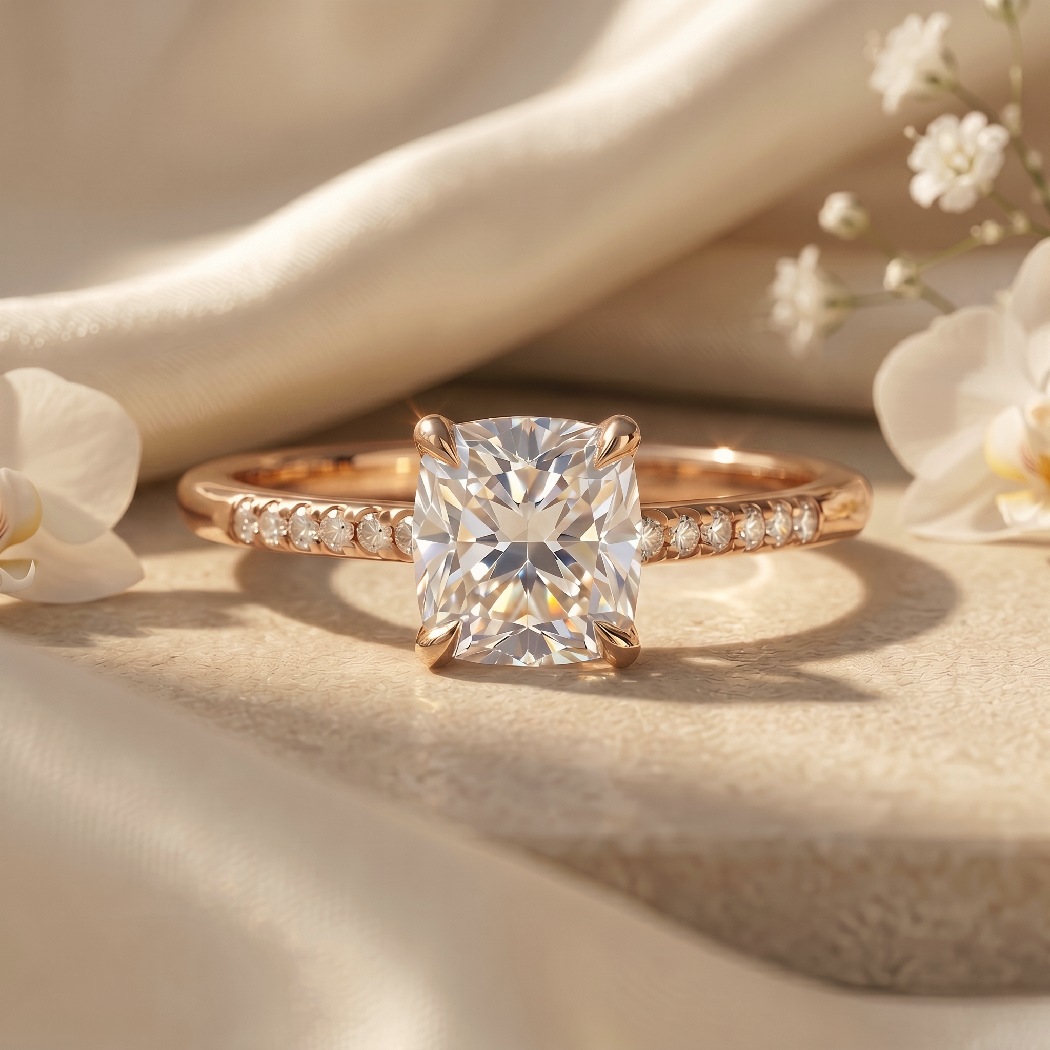 A rose gold cushion-cut moissanite engagement ring showcasing a brilliant center stone and a pavé-set band.