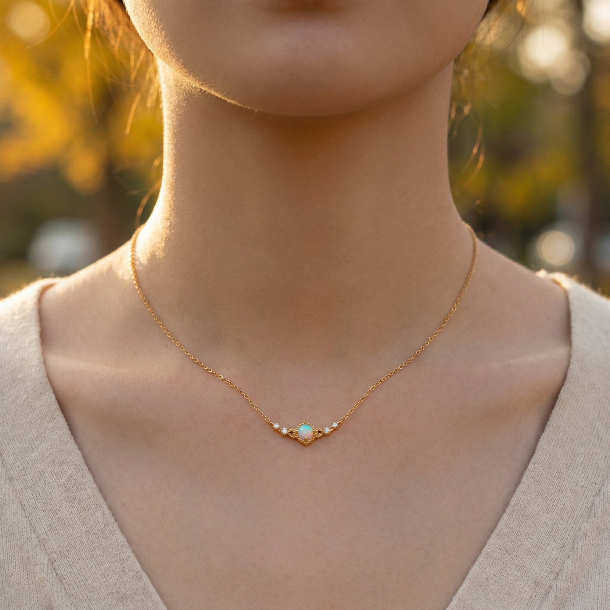 Front view of the gold-tone Callisto Column necklace with a round white opal pendant worn by a model.