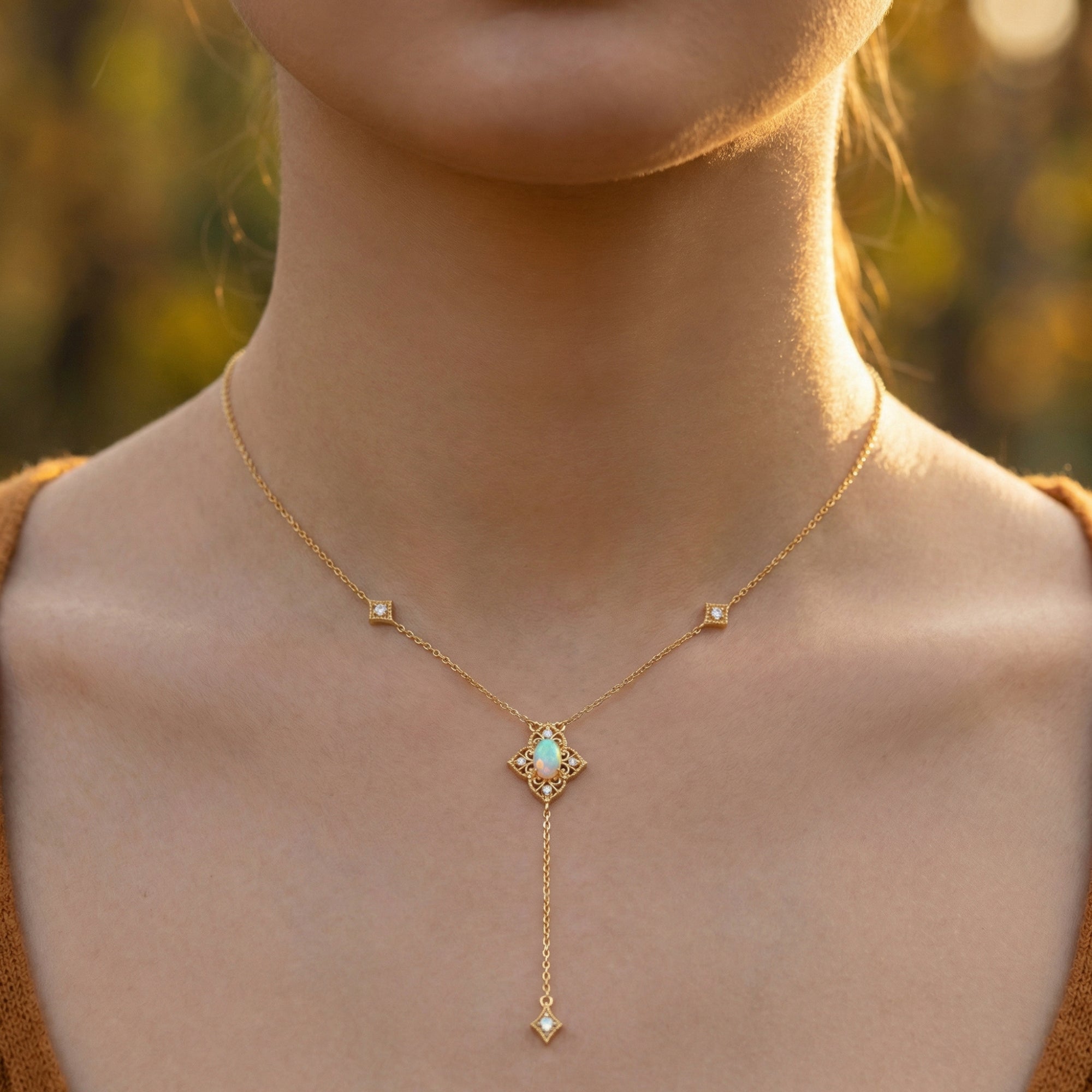 Front view of the gold-tone white opal lariat drop necklace worn on a model's neckline.