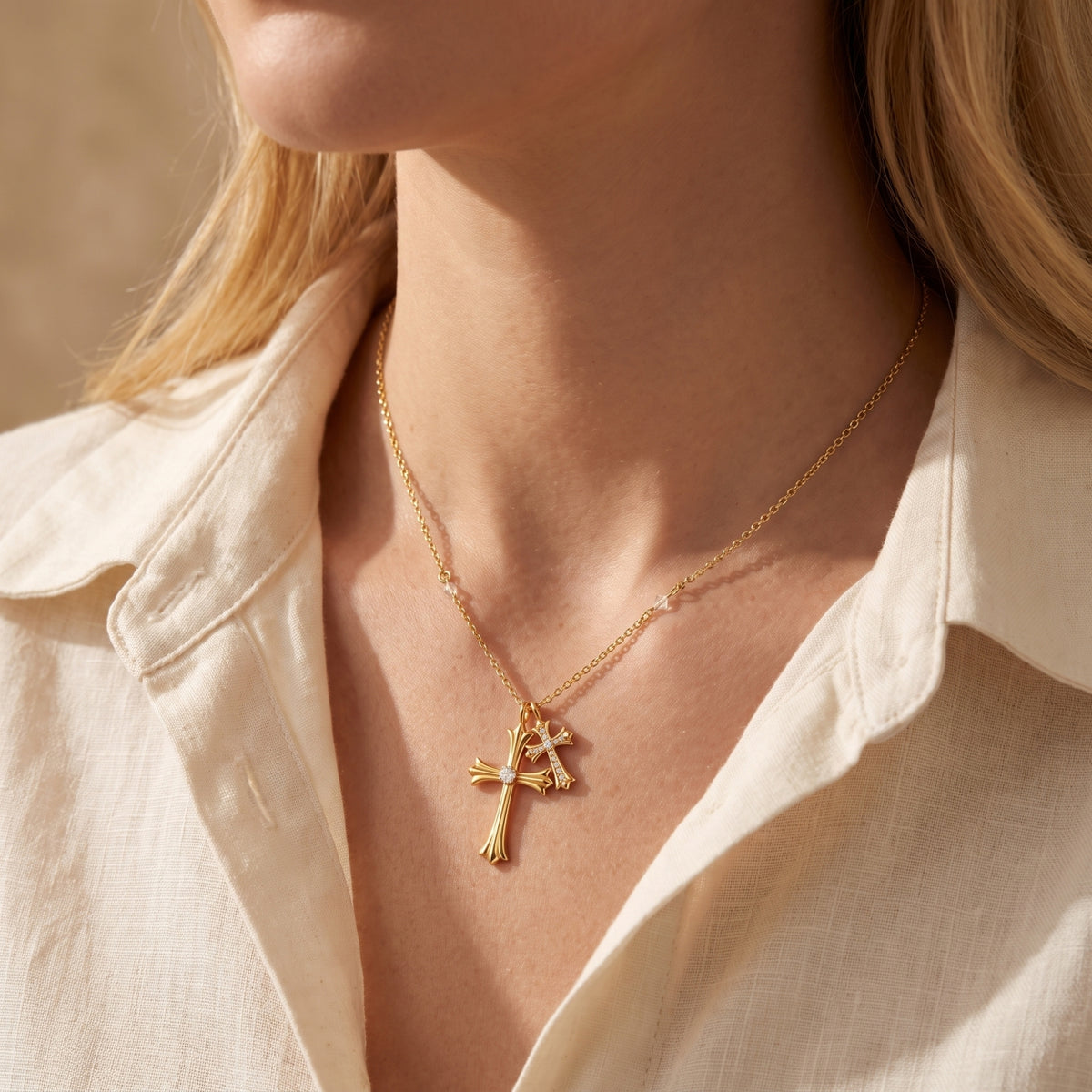 Close-up of the gold-tone duo cross necklace worn over an open cream-colored textured shirt.