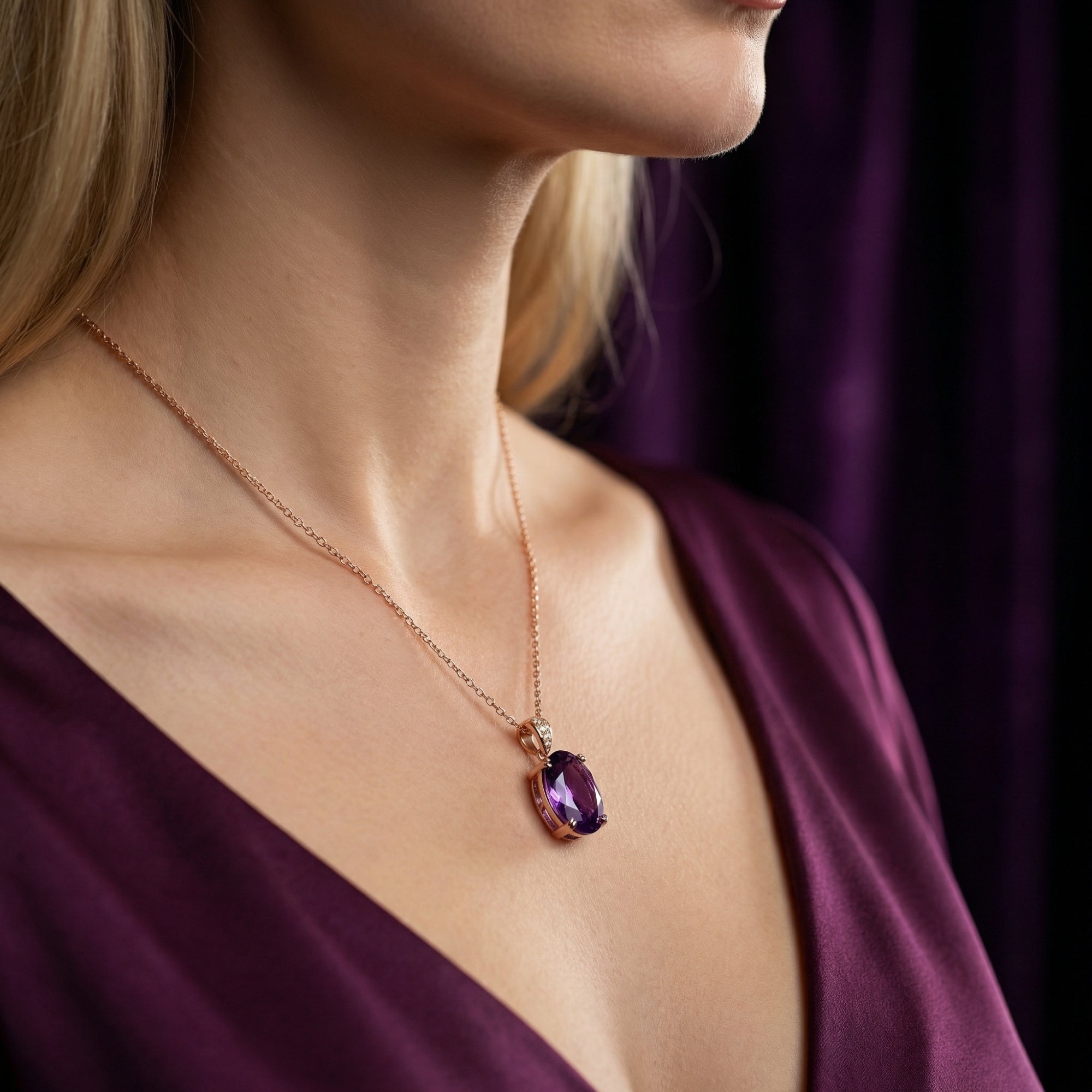 Profile view of a model wearing the 18k rose gold oval amethyst pendant necklace with a purple dress.