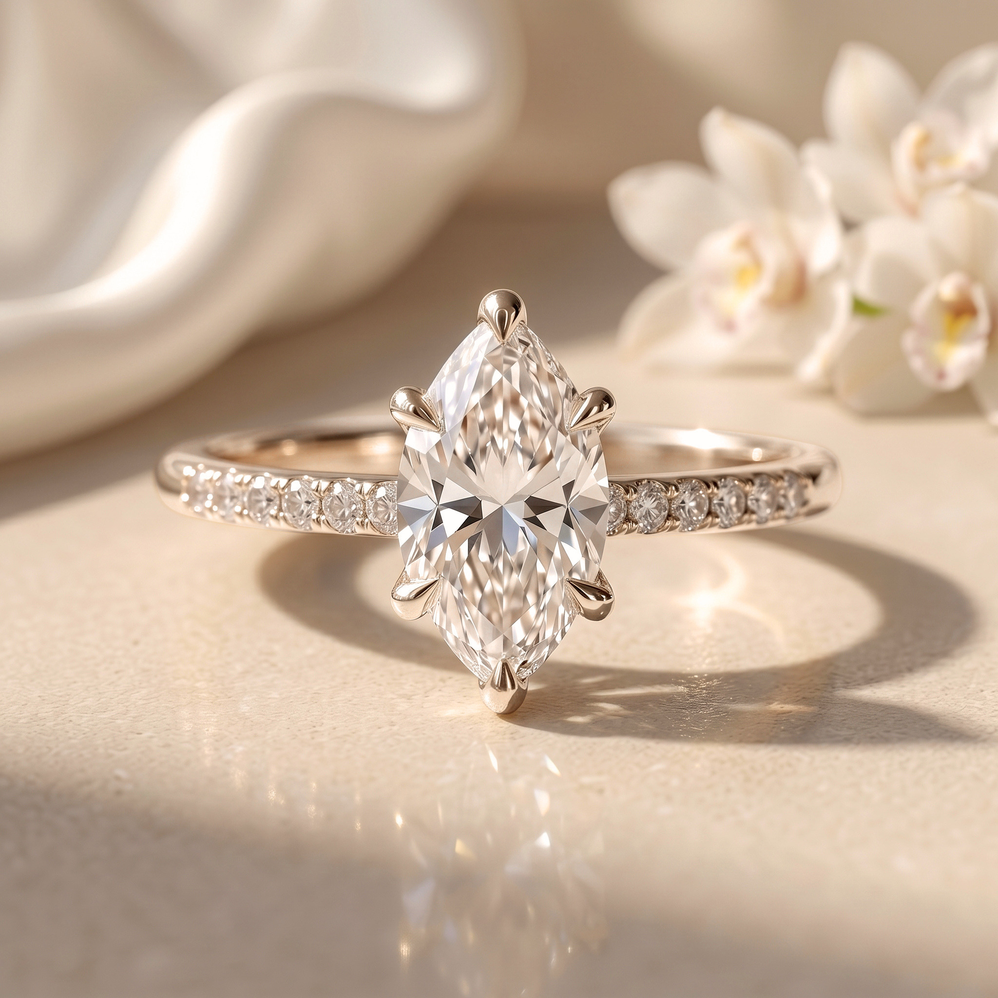 An elegant white gold marquise-cut moissanite engagement ring with a diamond pavé band, resting on a neutral stone background.