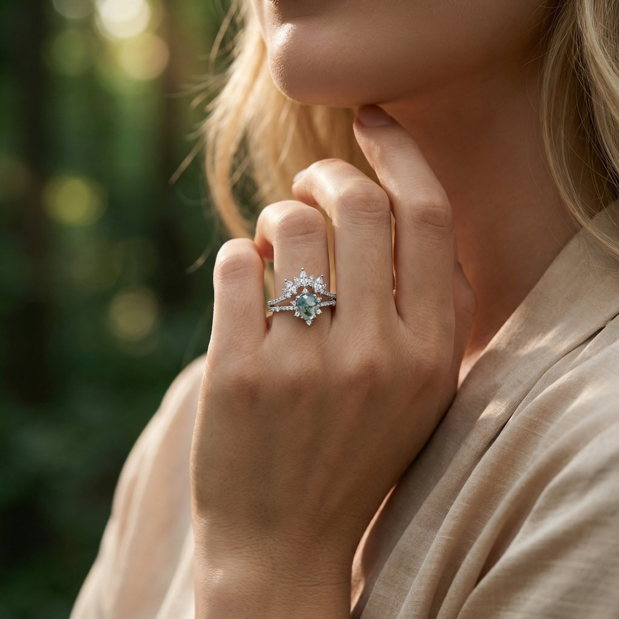 Frosted Kite Cut Moss Agaat Marquise Diamant Zilveren Ring Set - S925 Sterling Zilver