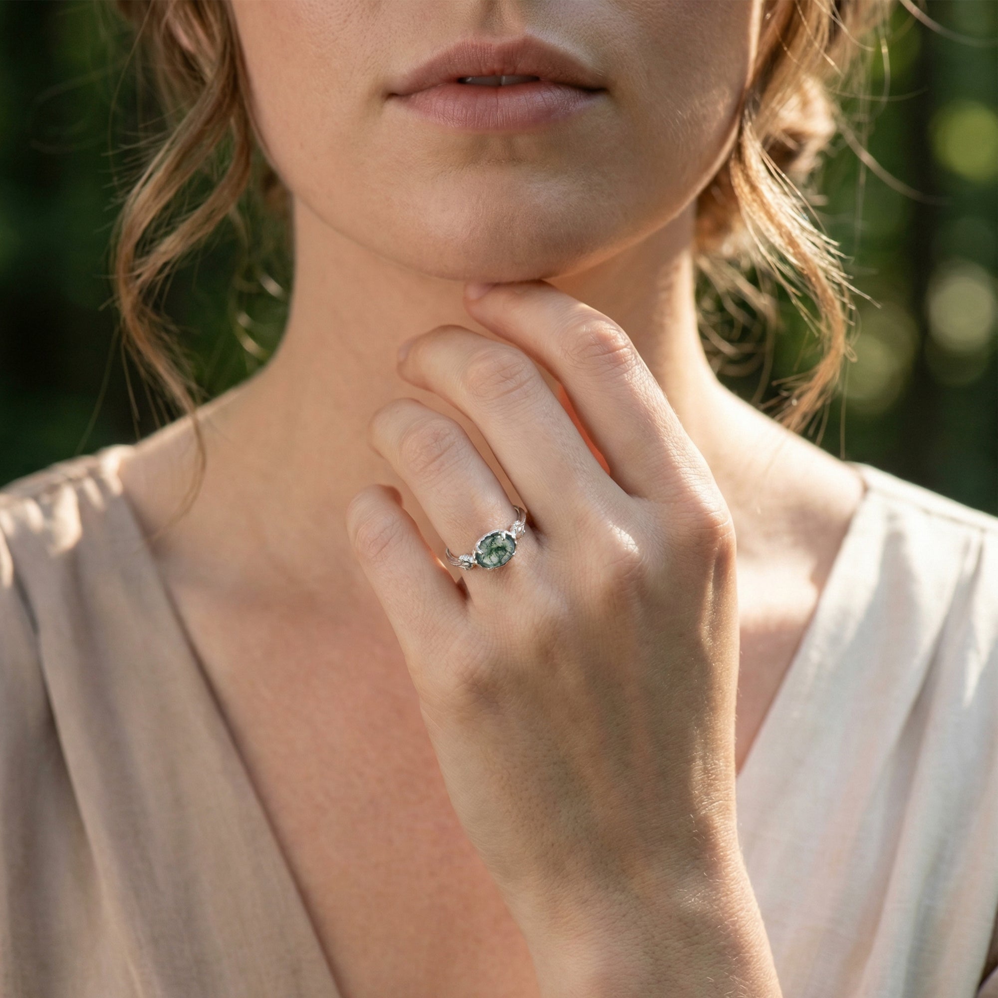 Ovale Natuurlijke Mos Agaat Blad Gegraveerde Ring - S925 Sterling Zilver