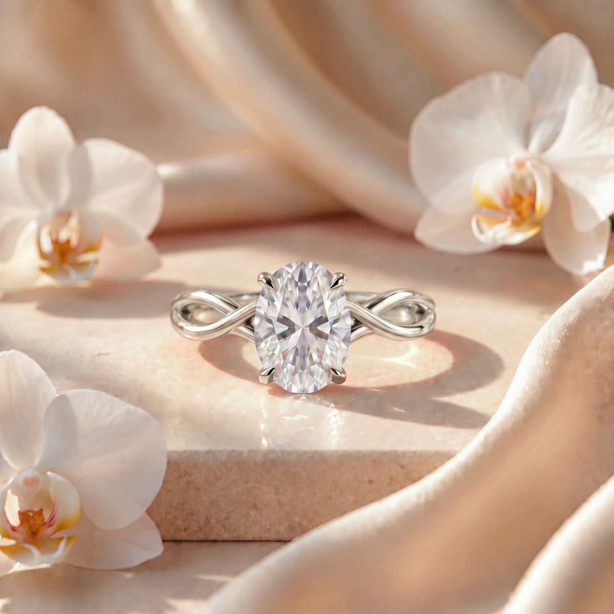 Front view of an oval moissanite engagement ring with a twisted white gold band on a neutral pedestal.